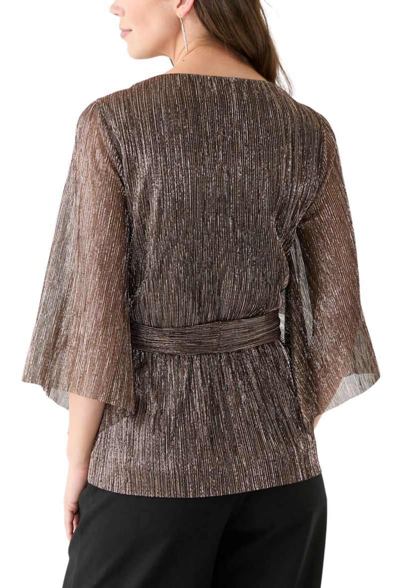 Womens 3/4 Sleeve Tie Waist Lame Top