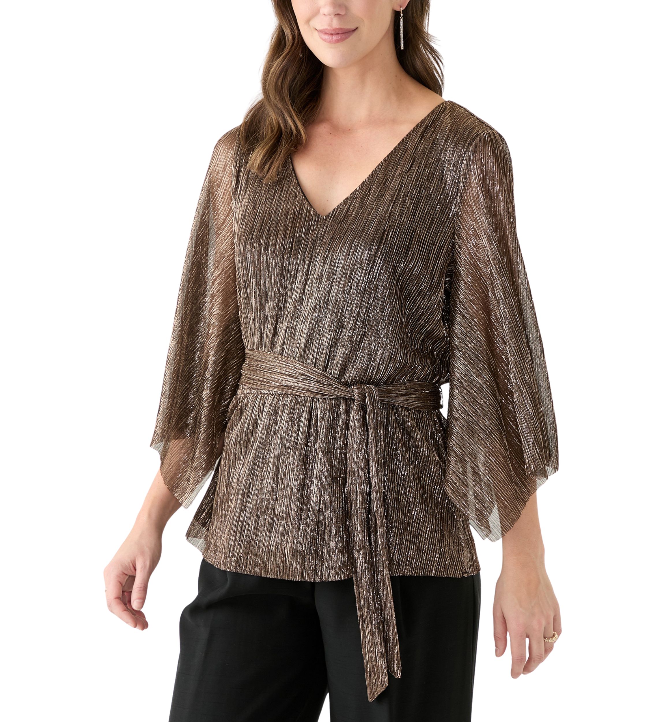 Womens 3/4 Sleeve Tie Waist Lame Top