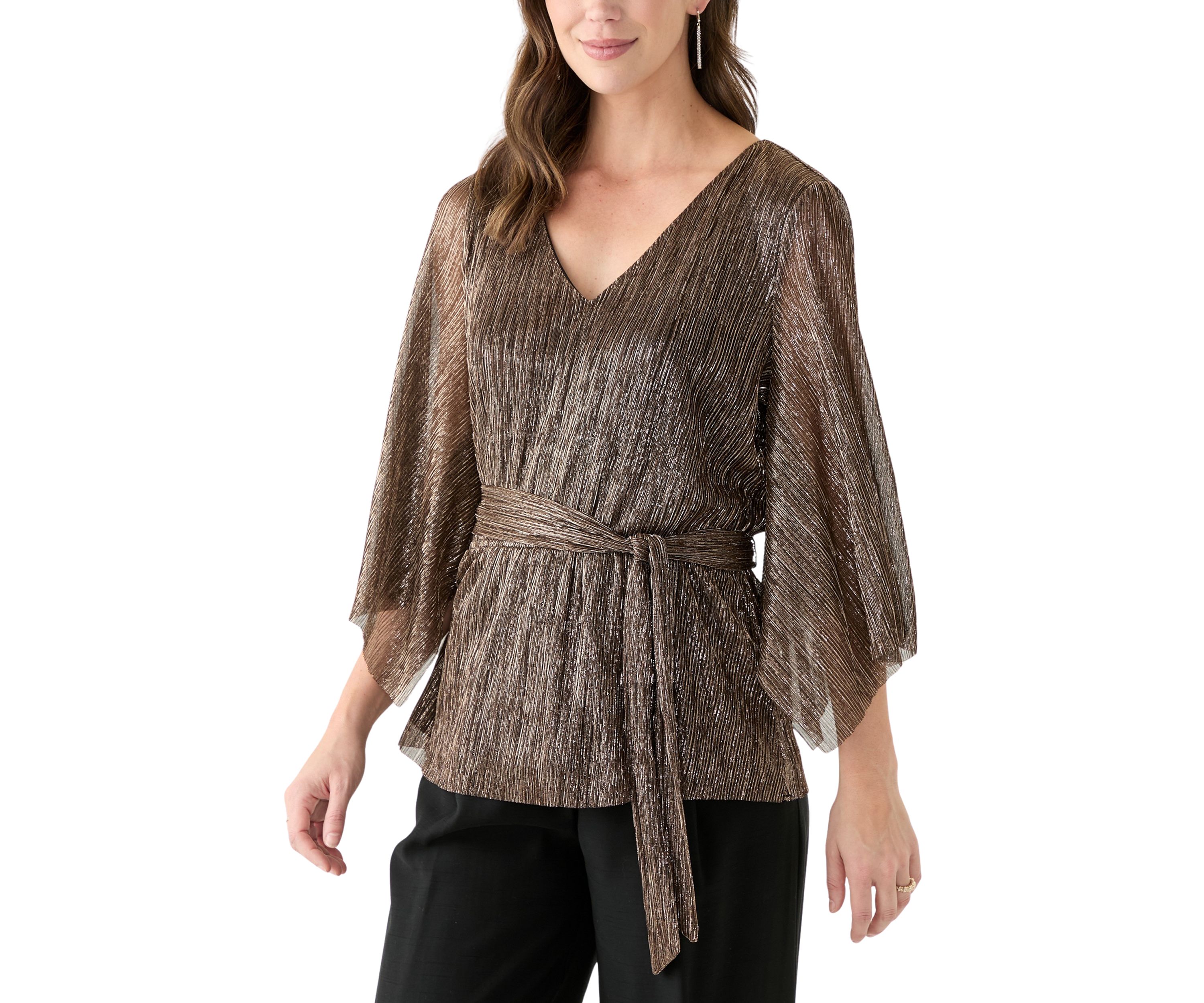 Womens 3/4 Sleeve Tie Waist Lame Top