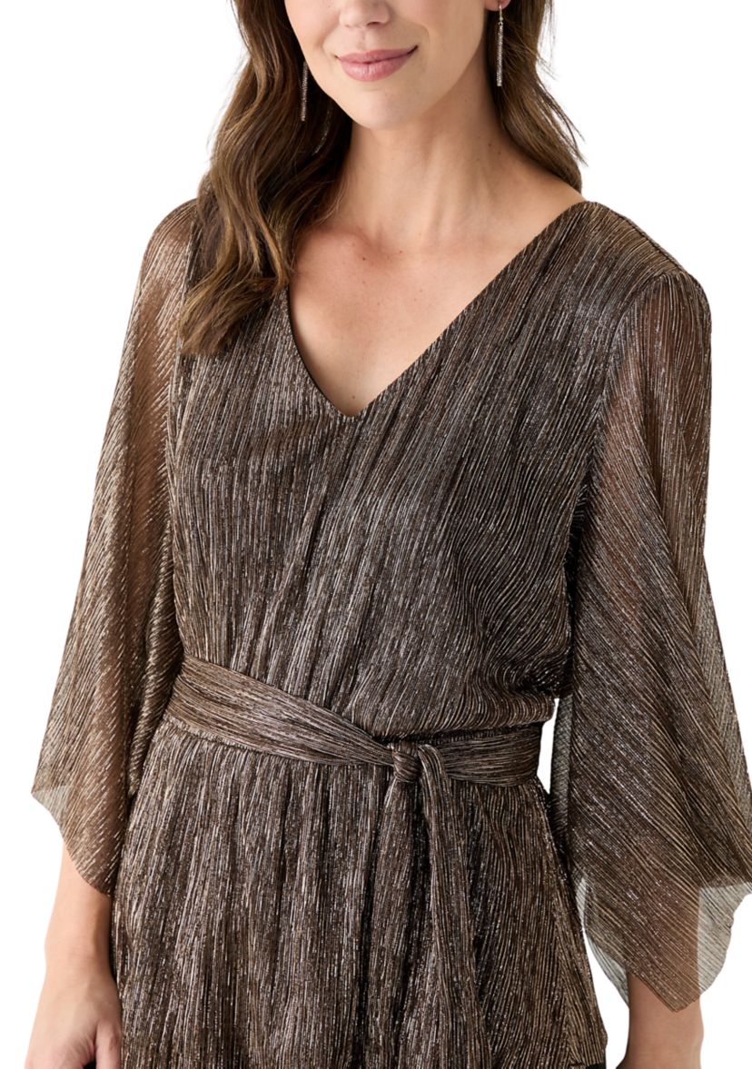Womens 3/4 Sleeve Tie Waist Lame Top