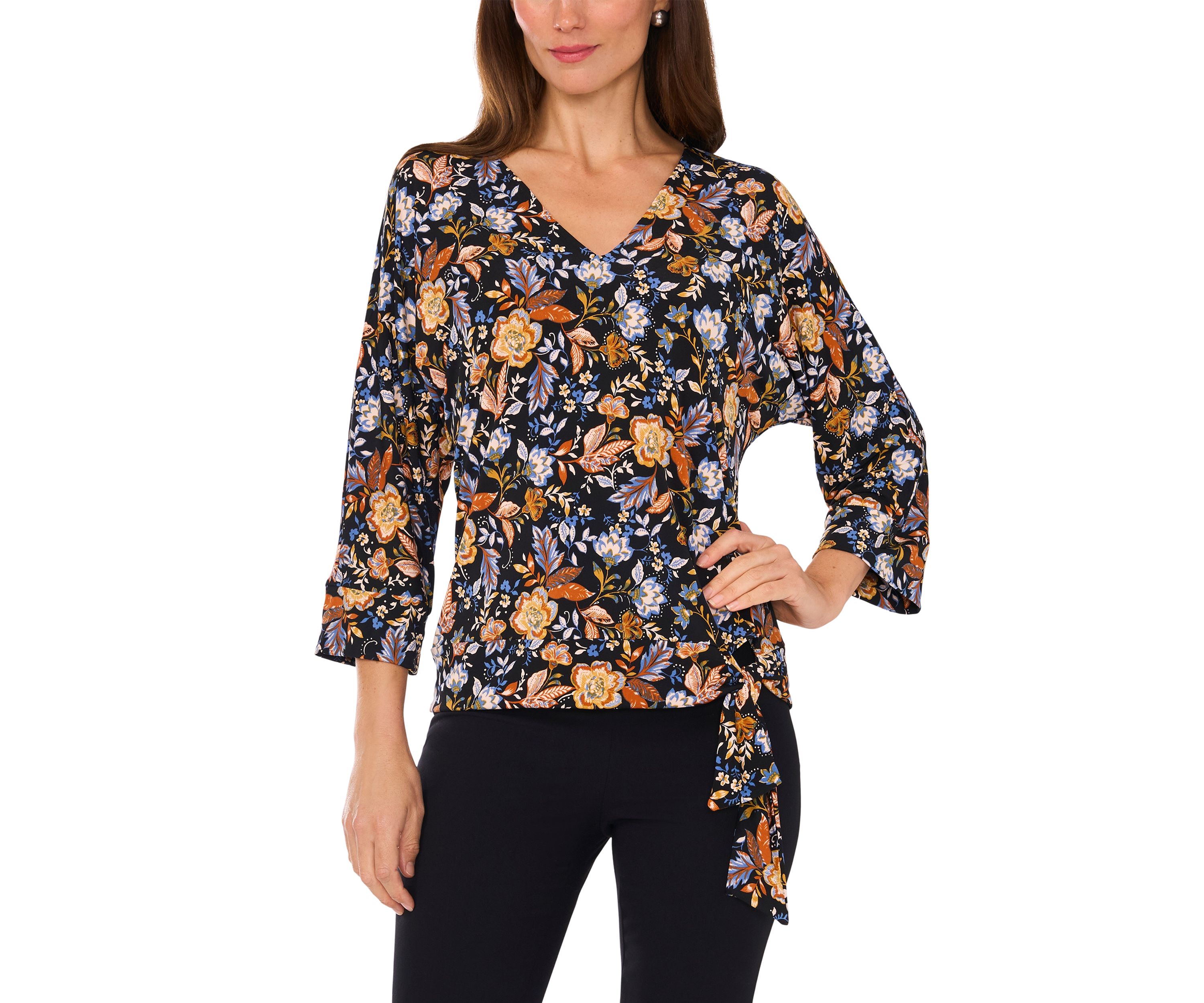 Womens 3/4 Sleeve Side Tie Hem Blouse