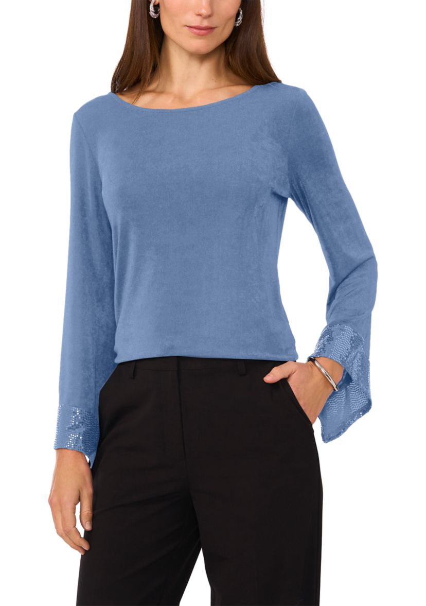 Womens Long Bell Sleeve Rhinestone Top