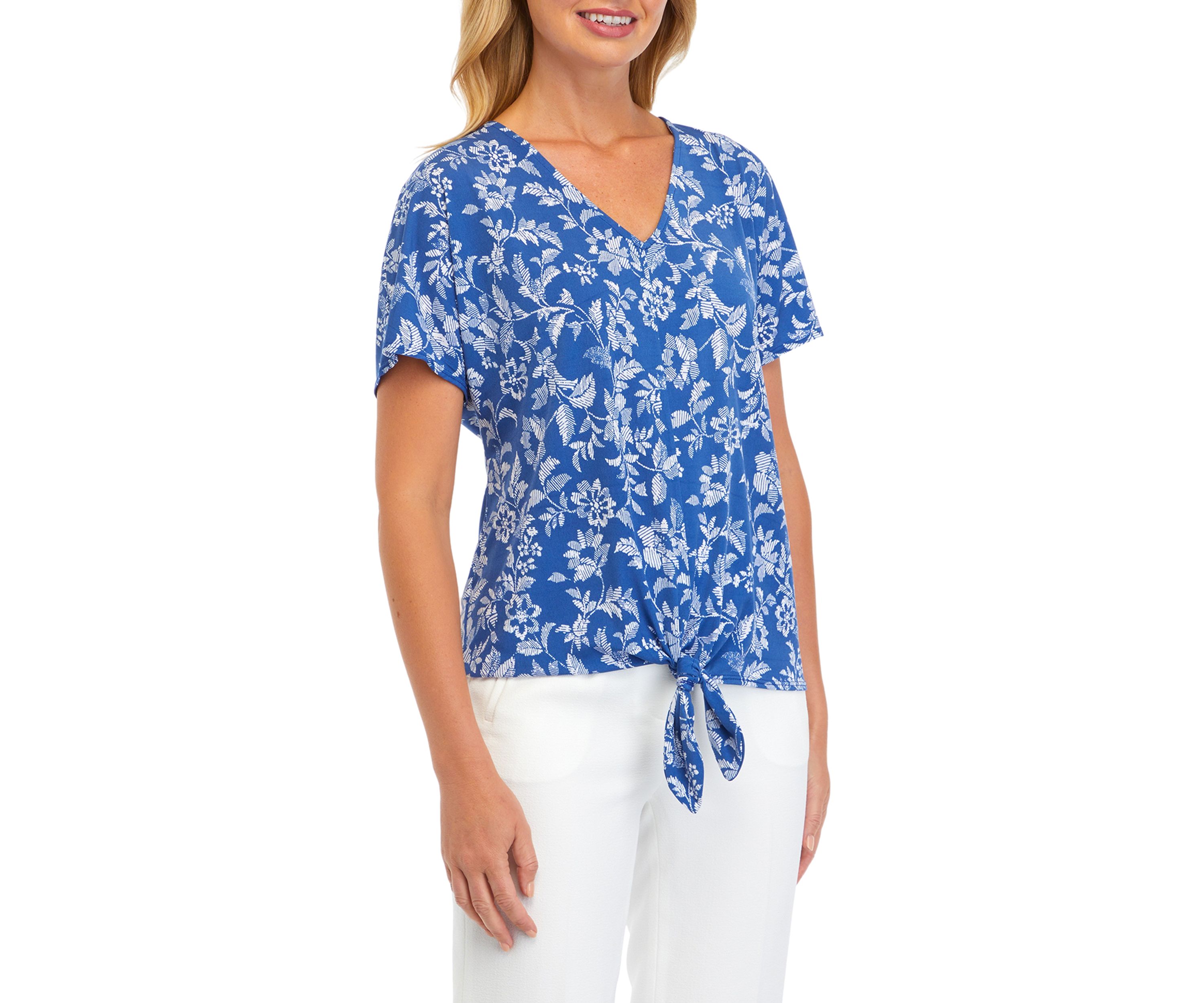 Womens Short Sleeve Tie Front Printed Blouse