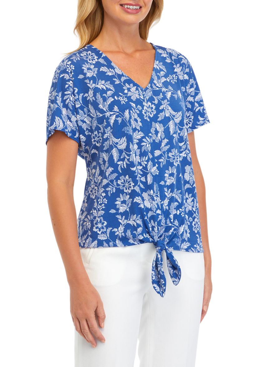 Womens Short Sleeve Tie Front Printed Blouse