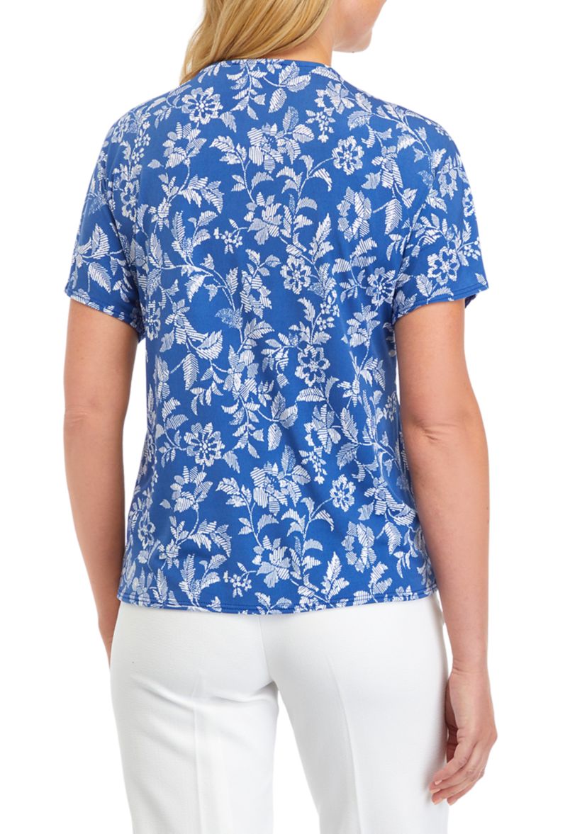 Womens Short Sleeve Tie Front Printed Blouse