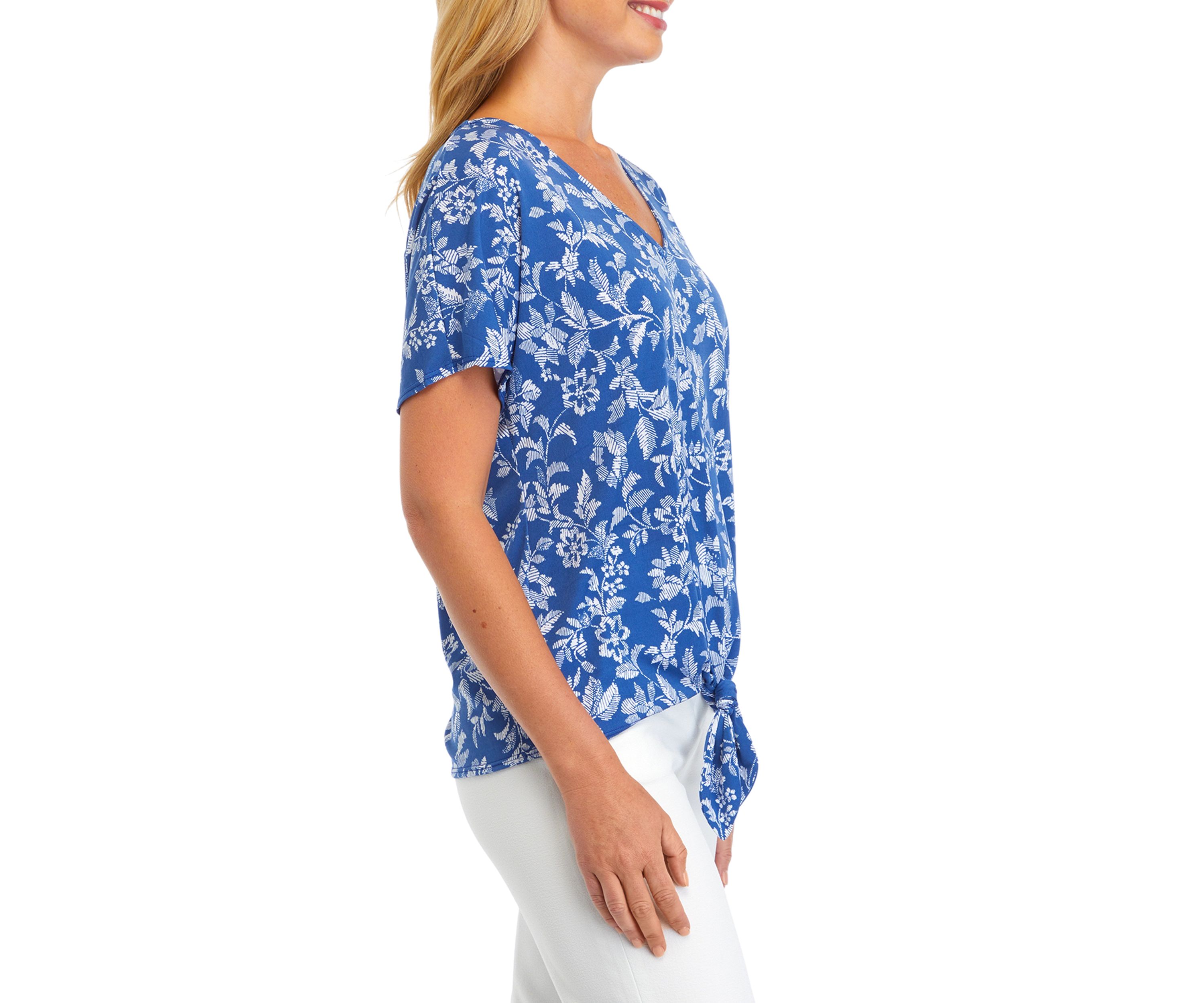 Womens Short Sleeve Tie Front Printed Blouse