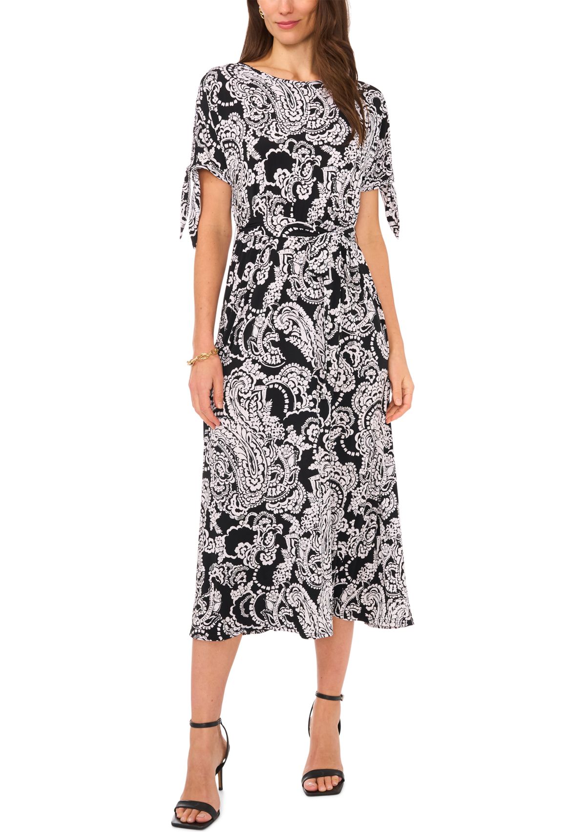 Womens Short Tie Sleeve Printed Midi Dress