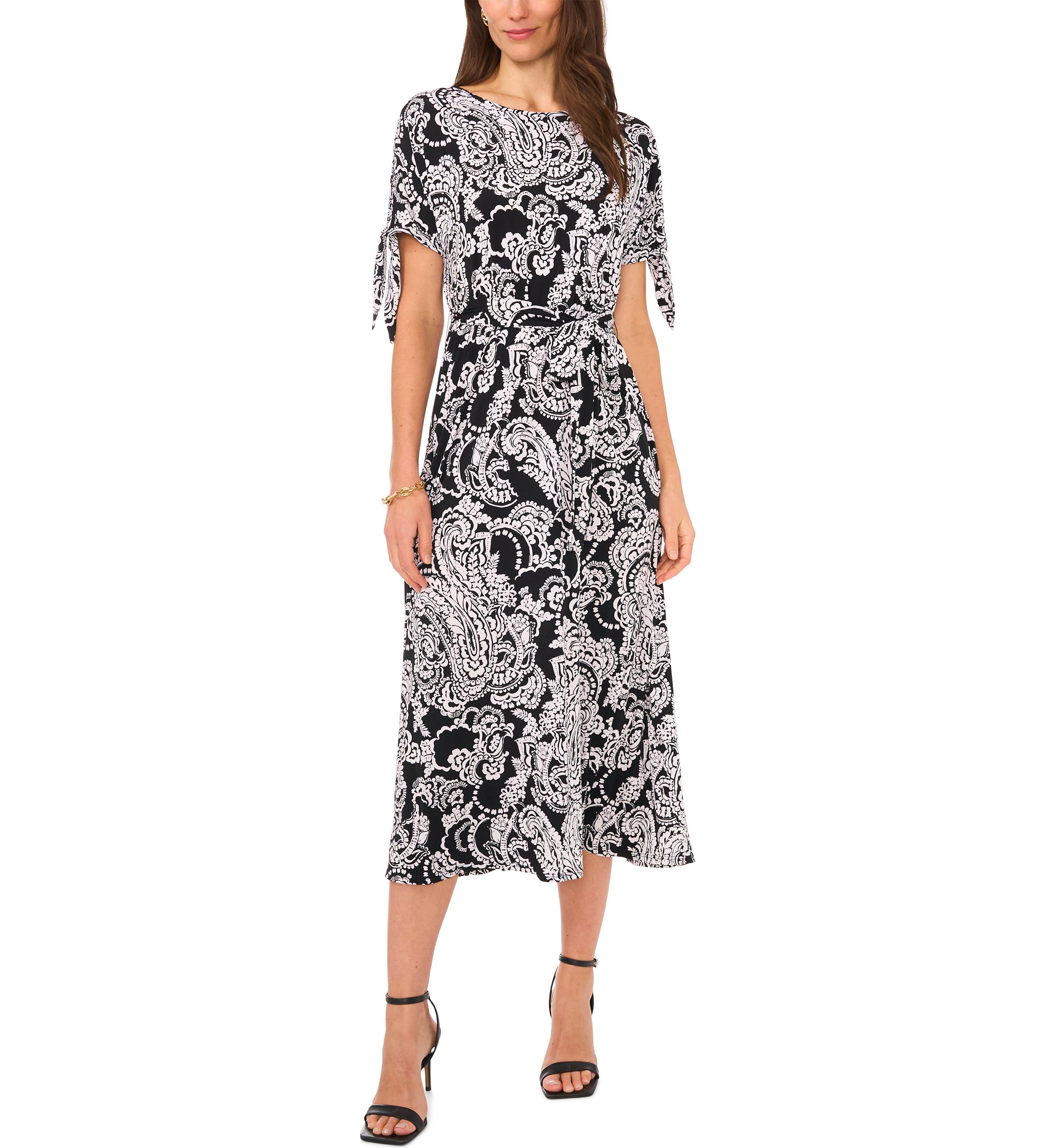 Womens Short Tie Sleeve Printed Midi Dress