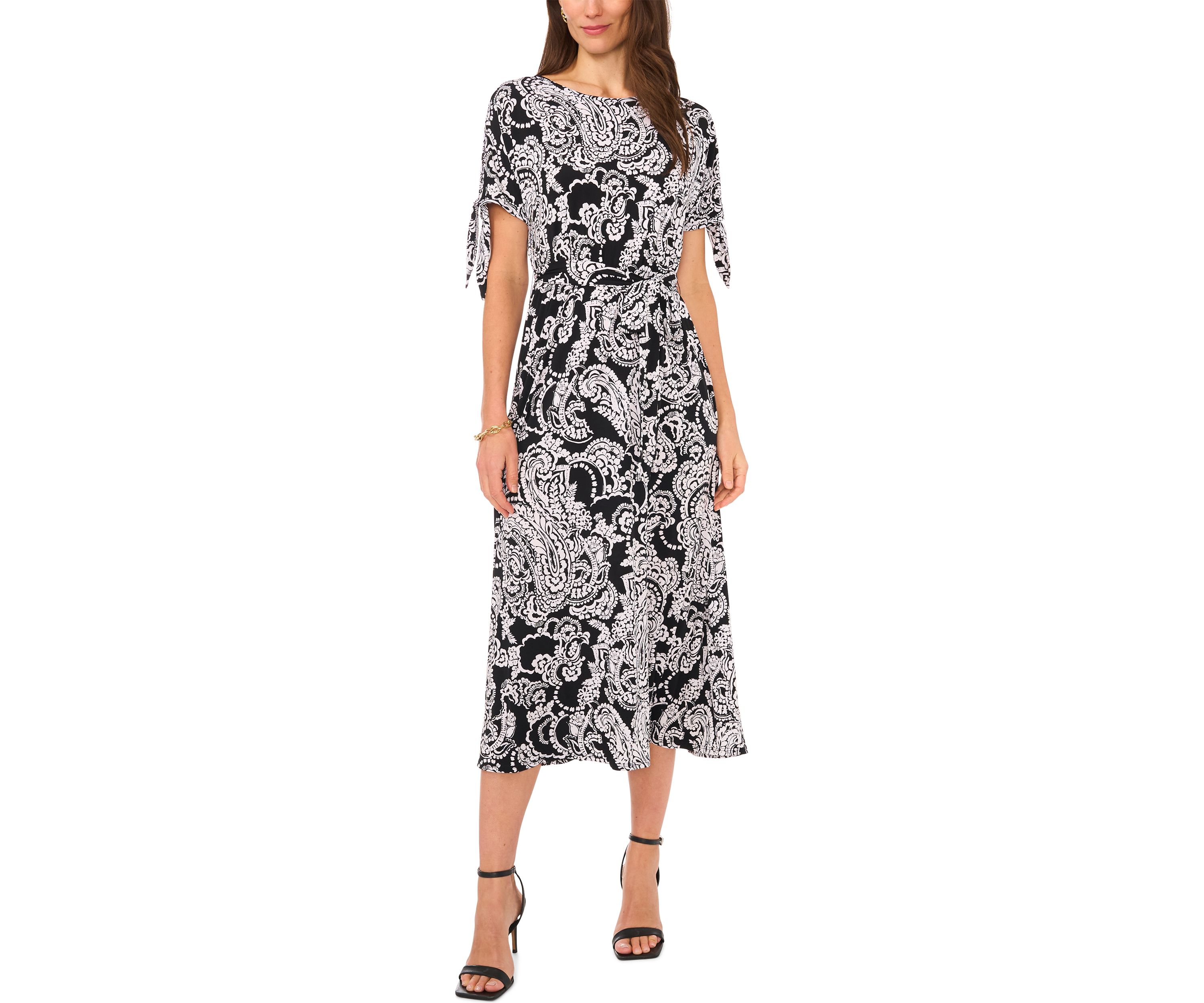 Womens Short Tie Sleeve Printed Midi Dress