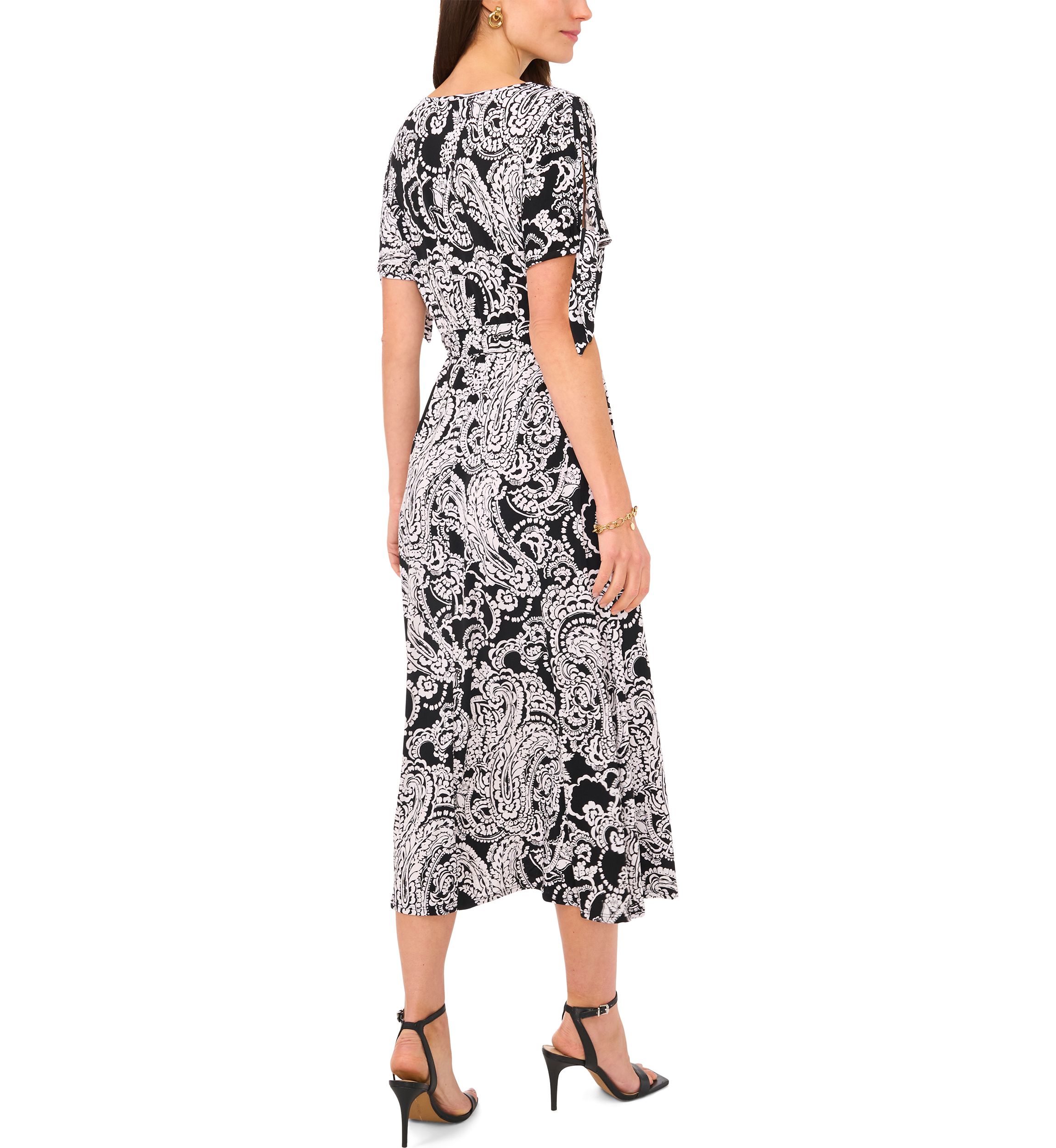 Womens Short Tie Sleeve Printed Midi Dress