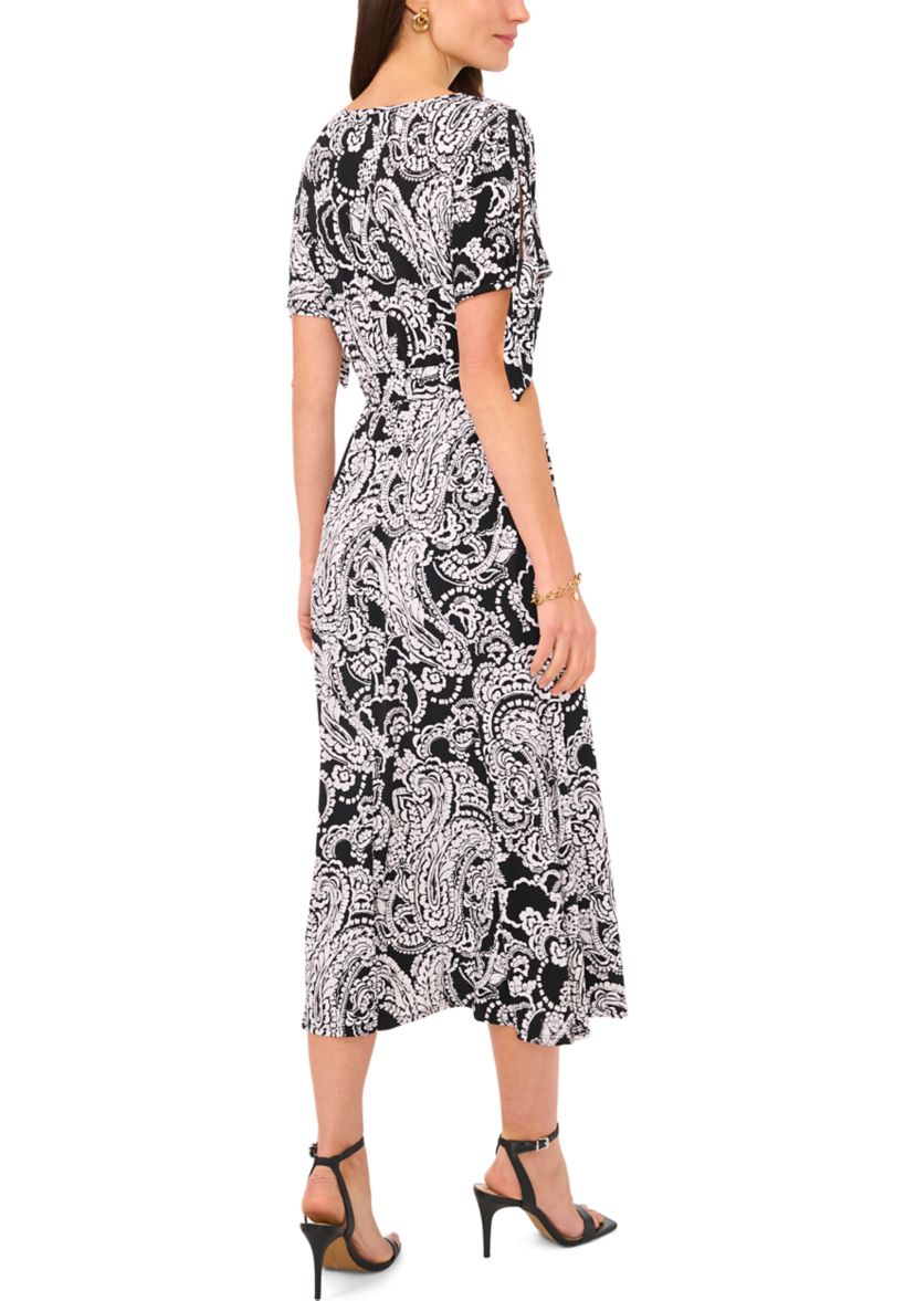 Womens Short Tie Sleeve Printed Midi Dress