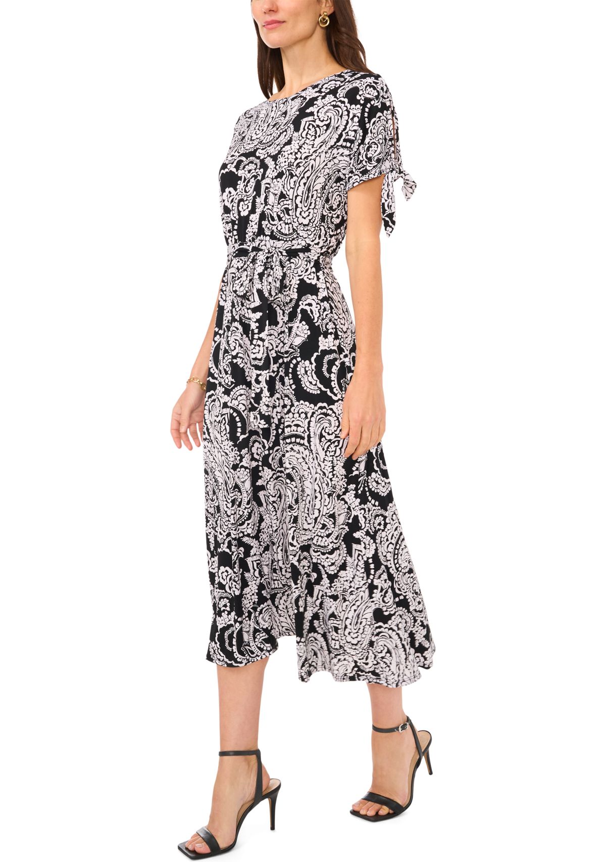 Womens Short Tie Sleeve Printed Midi Dress