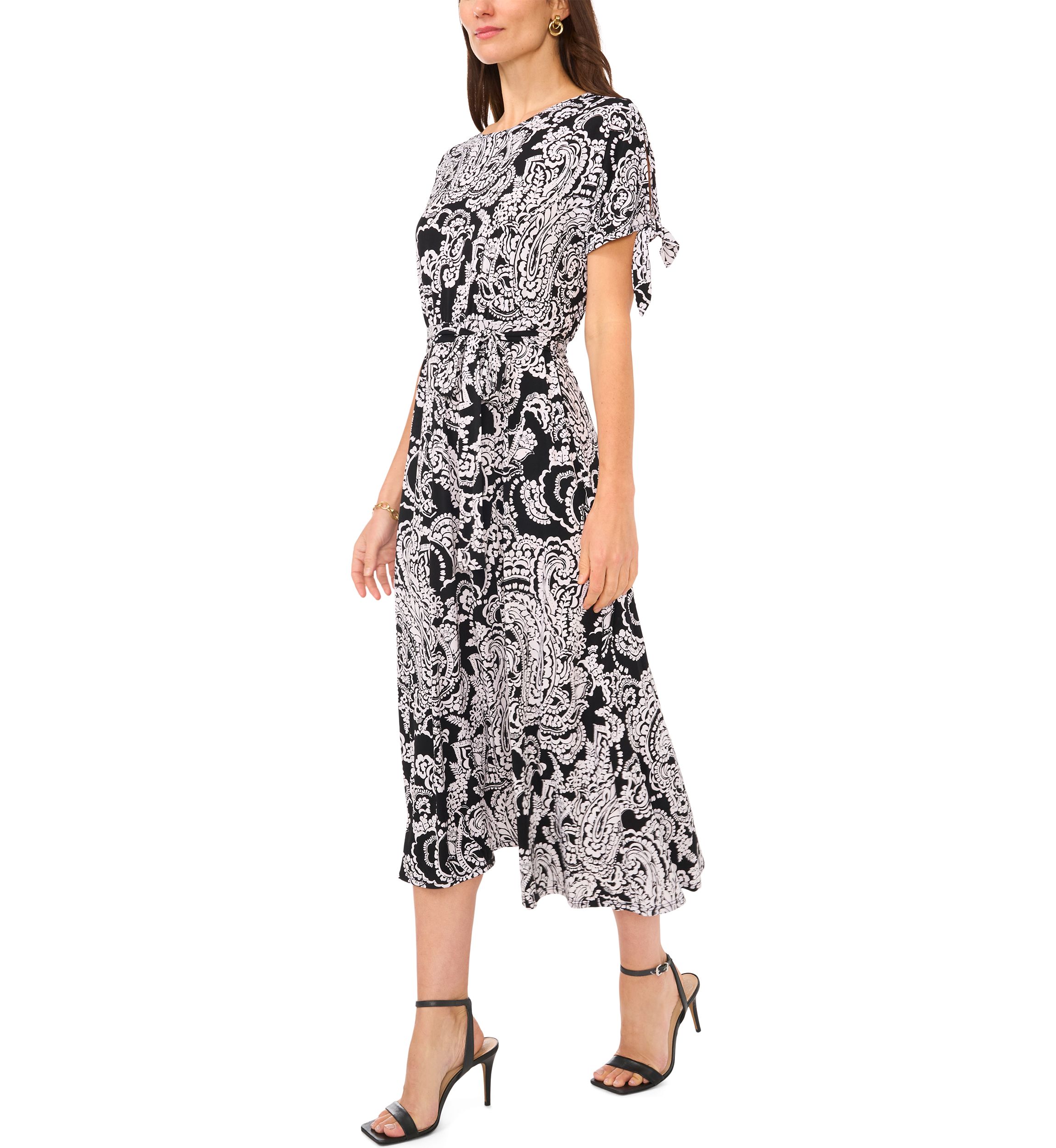 Womens Short Tie Sleeve Printed Midi Dress