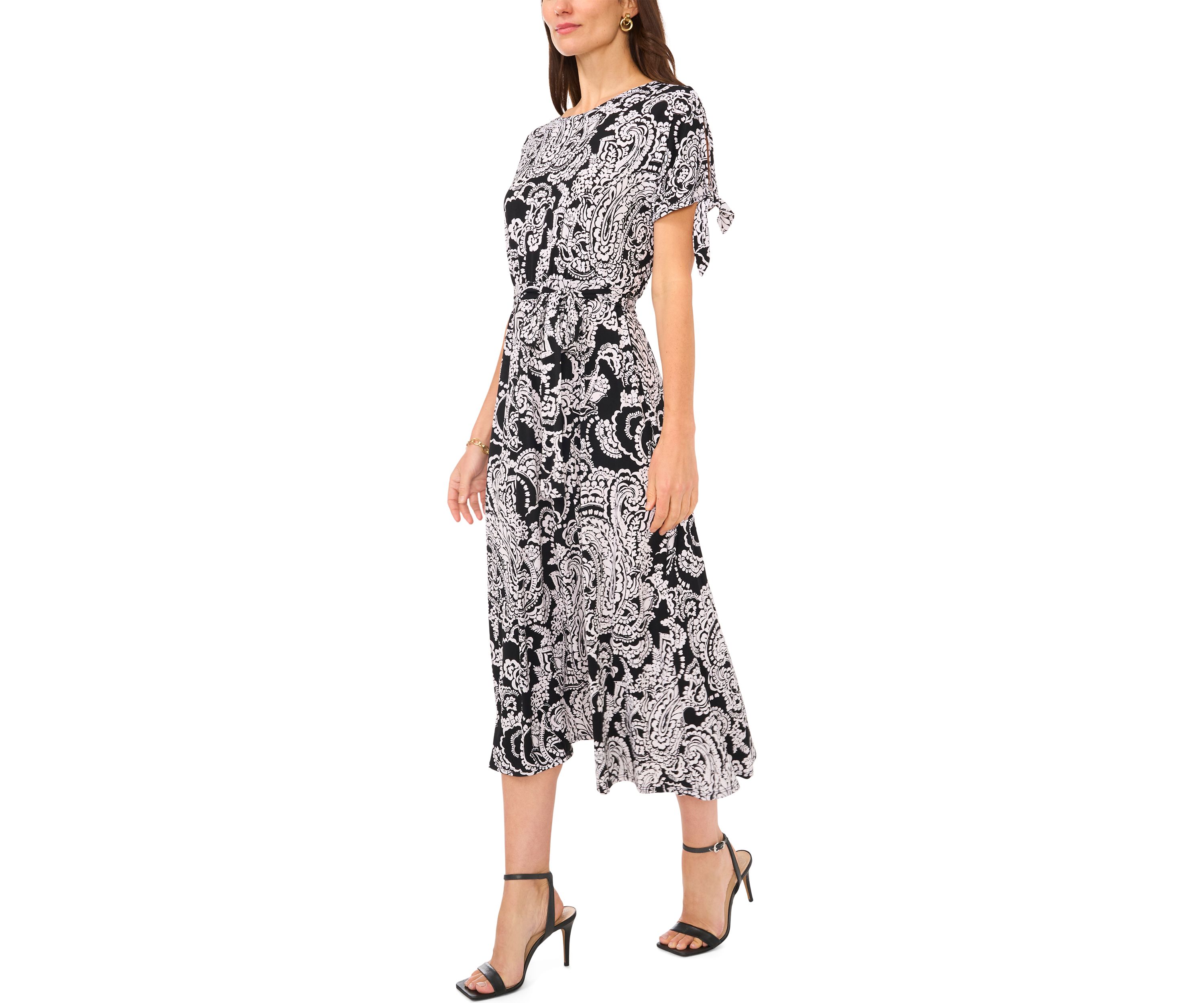 Womens Short Tie Sleeve Printed Midi Dress