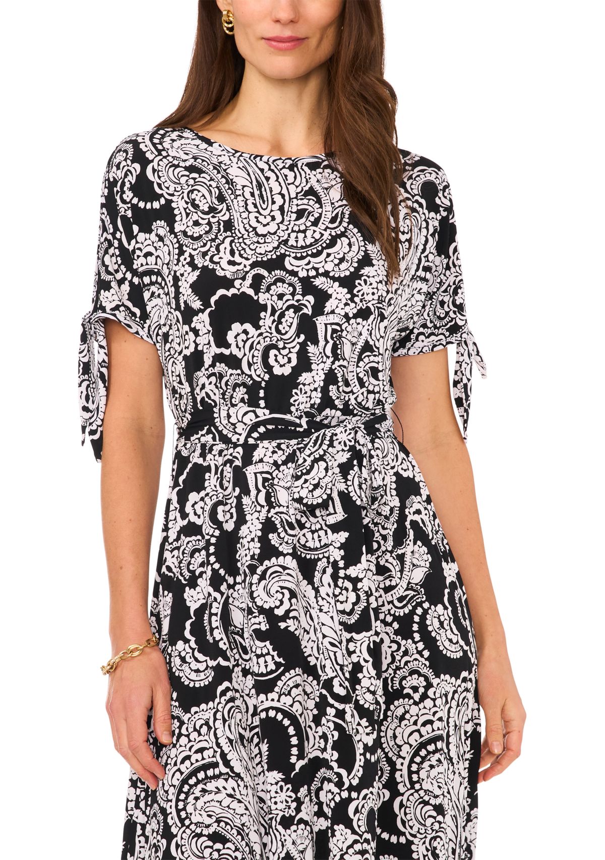 Womens Short Tie Sleeve Printed Midi Dress