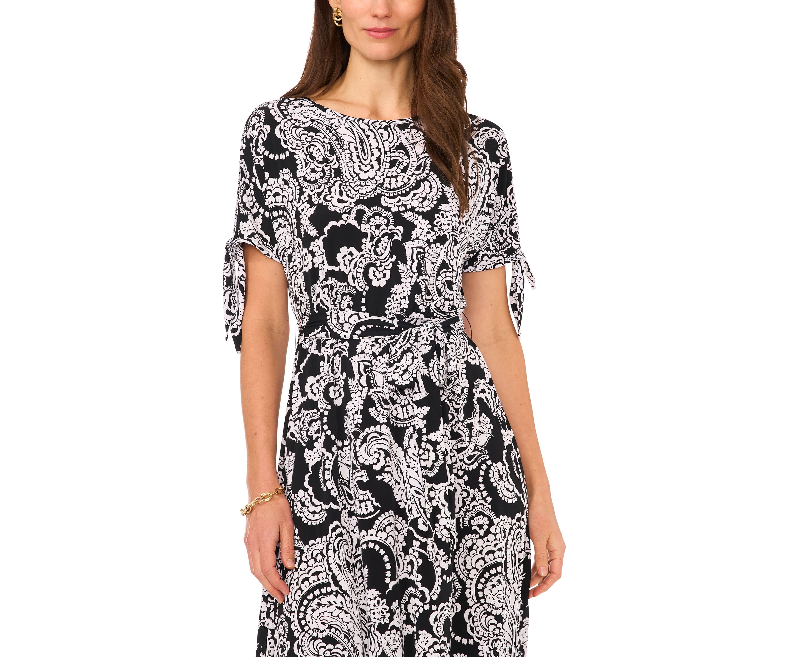 Womens Short Tie Sleeve Printed Midi Dress
