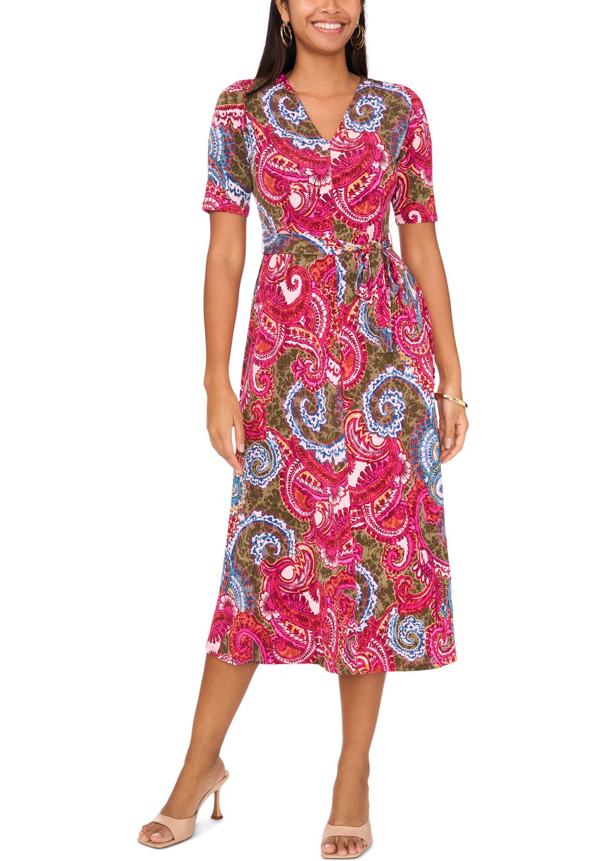 Womens Short Sleeve V-Neck Printed Faux Midi Wrap Dress
