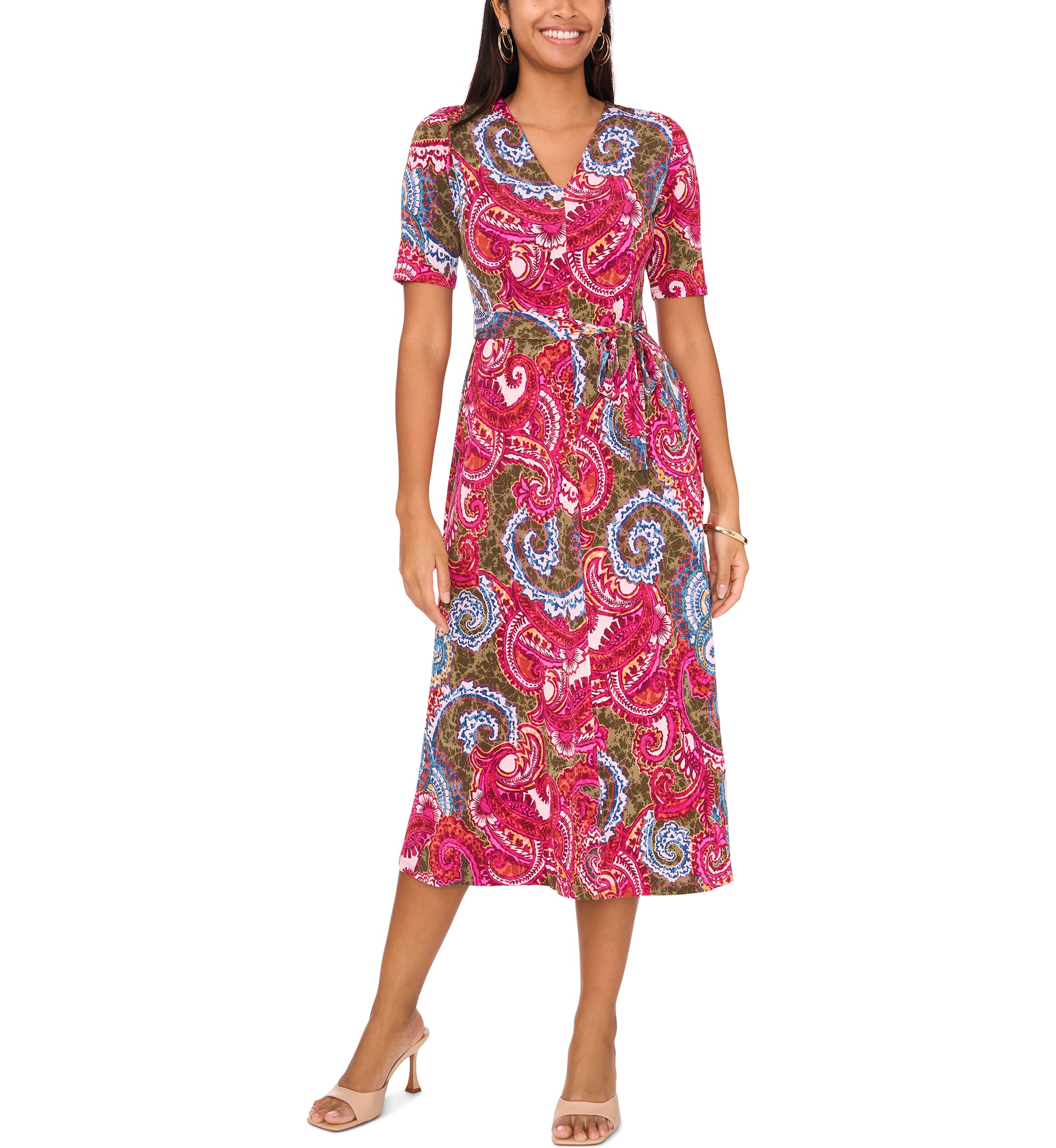 Womens Short Sleeve V-Neck Printed Faux Midi Wrap Dress
