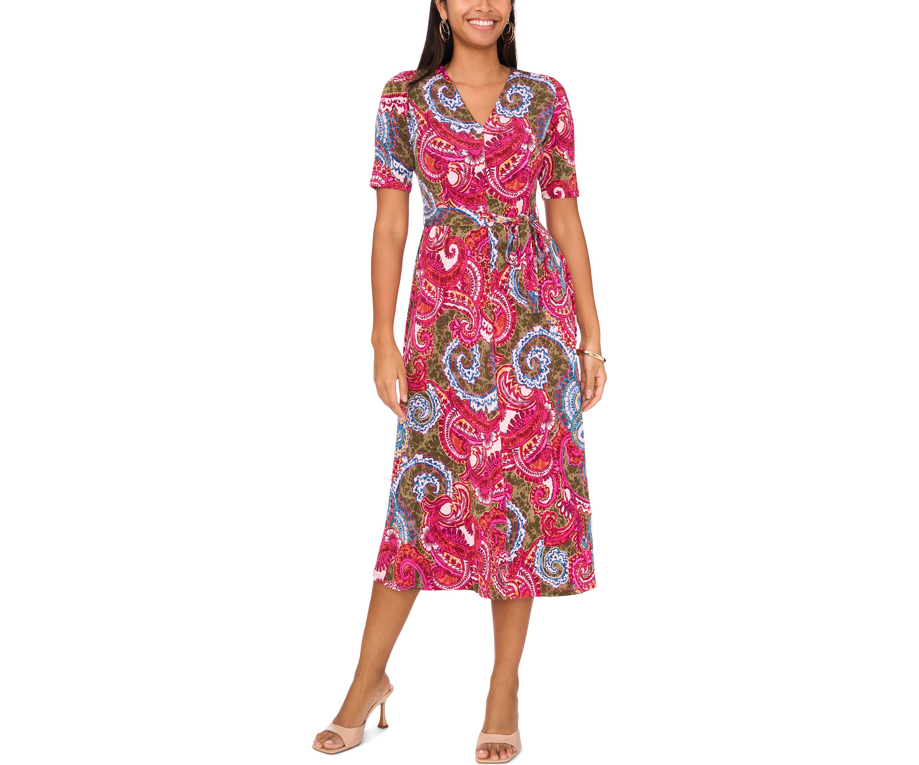 Womens Short Sleeve V-Neck Printed Faux Midi Wrap Dress