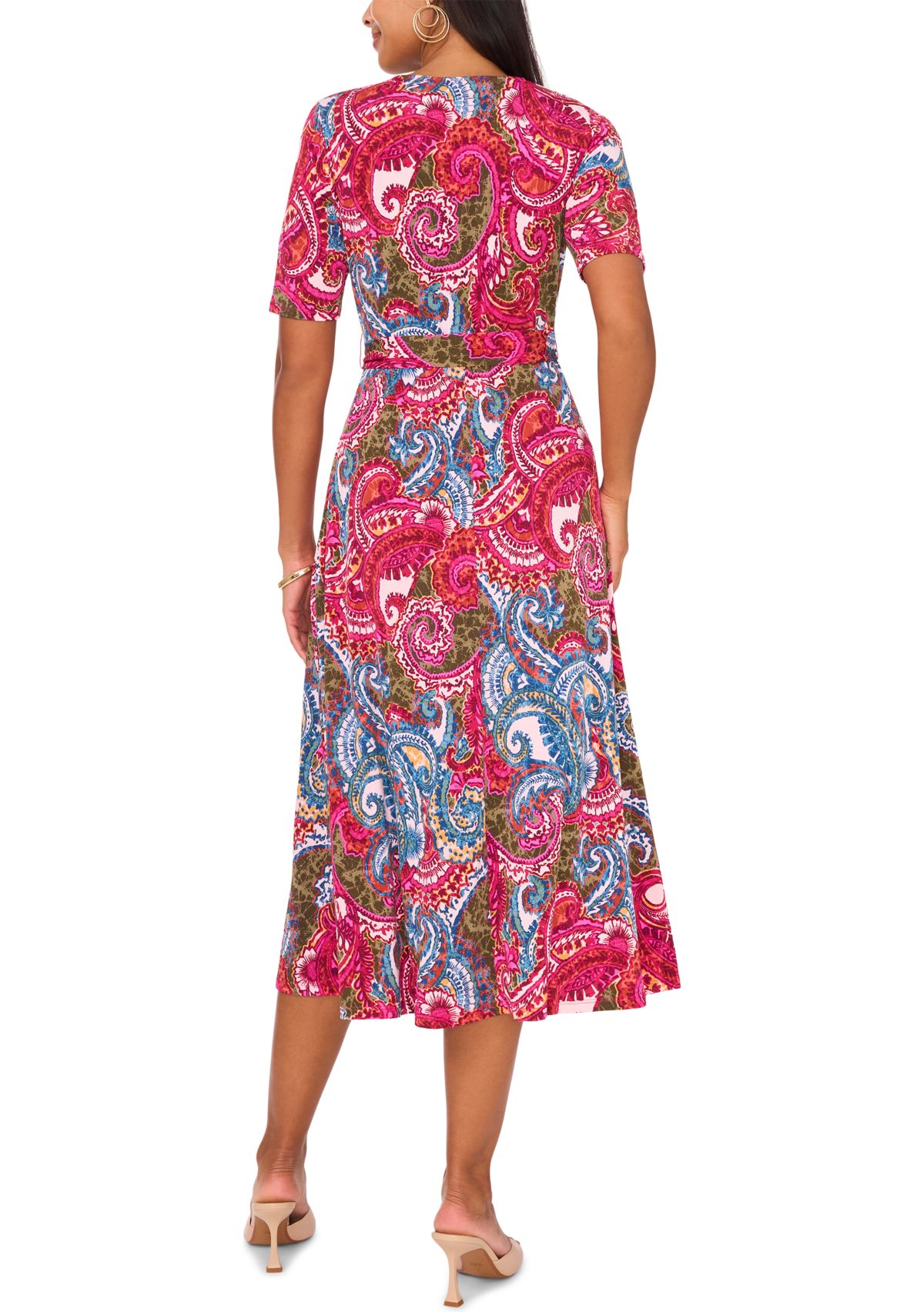 Womens Short Sleeve V-Neck Printed Faux Midi Wrap Dress
