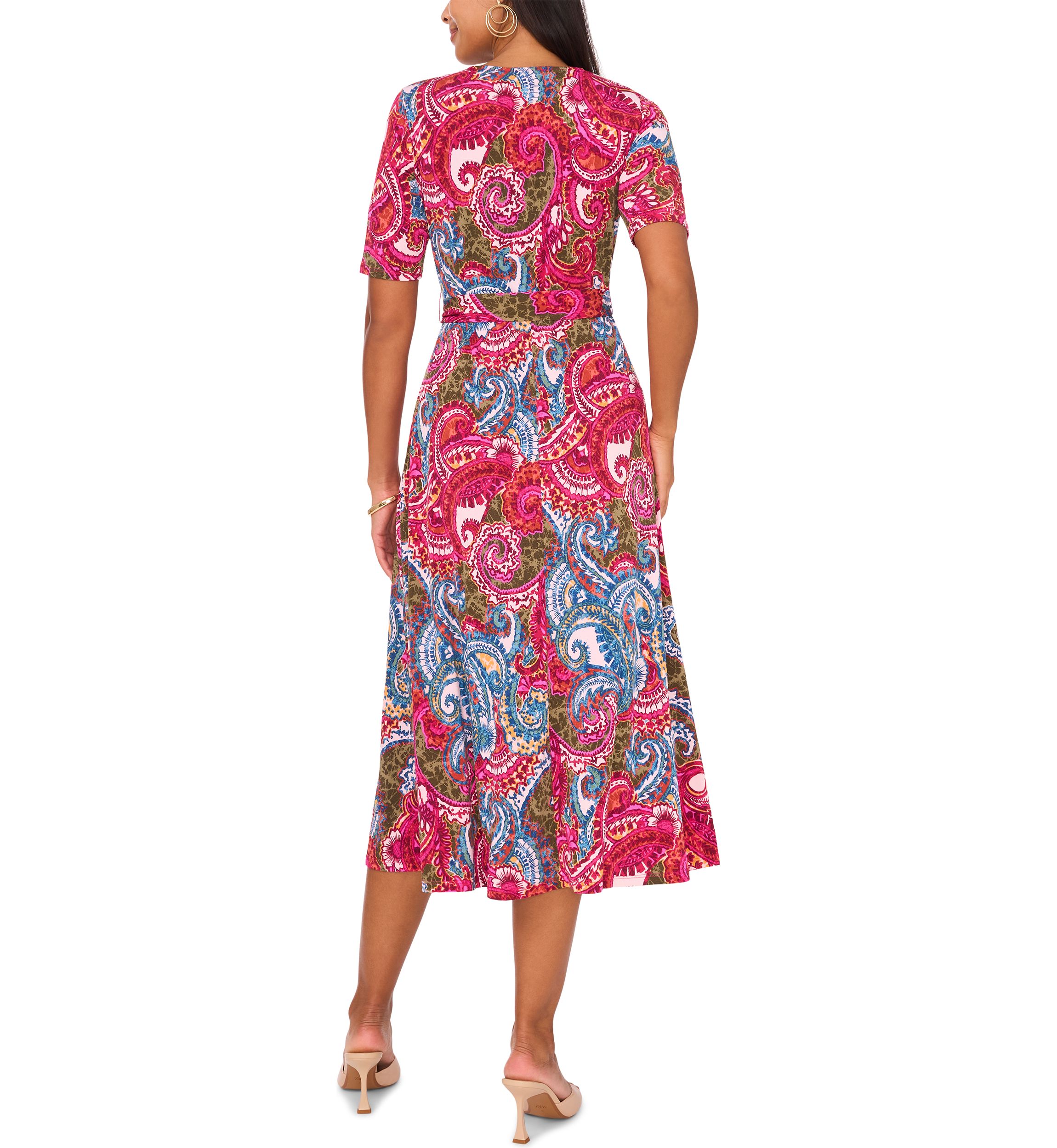 Womens Short Sleeve V-Neck Printed Faux Midi Wrap Dress