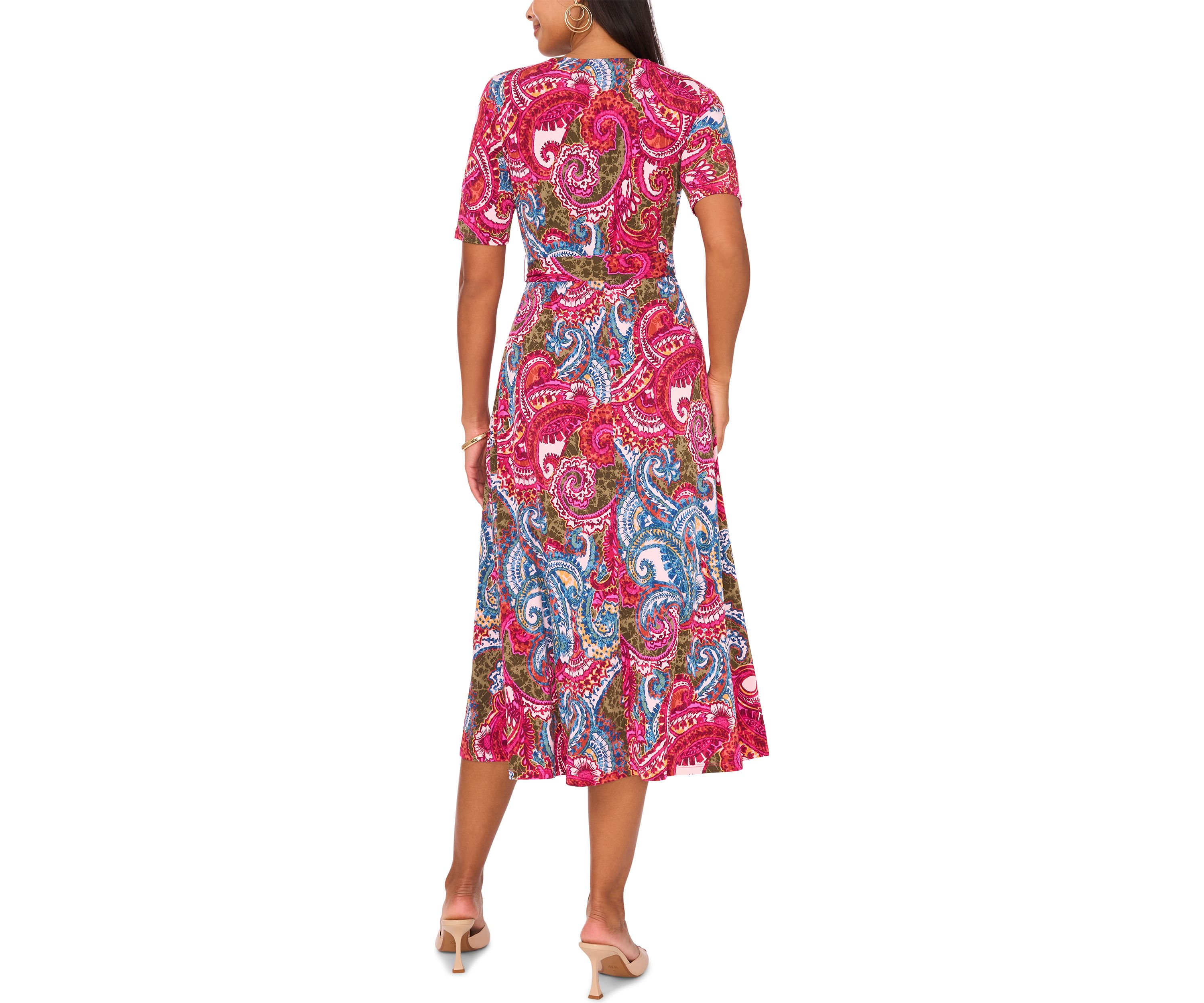 Womens Short Sleeve V-Neck Printed Faux Midi Wrap Dress