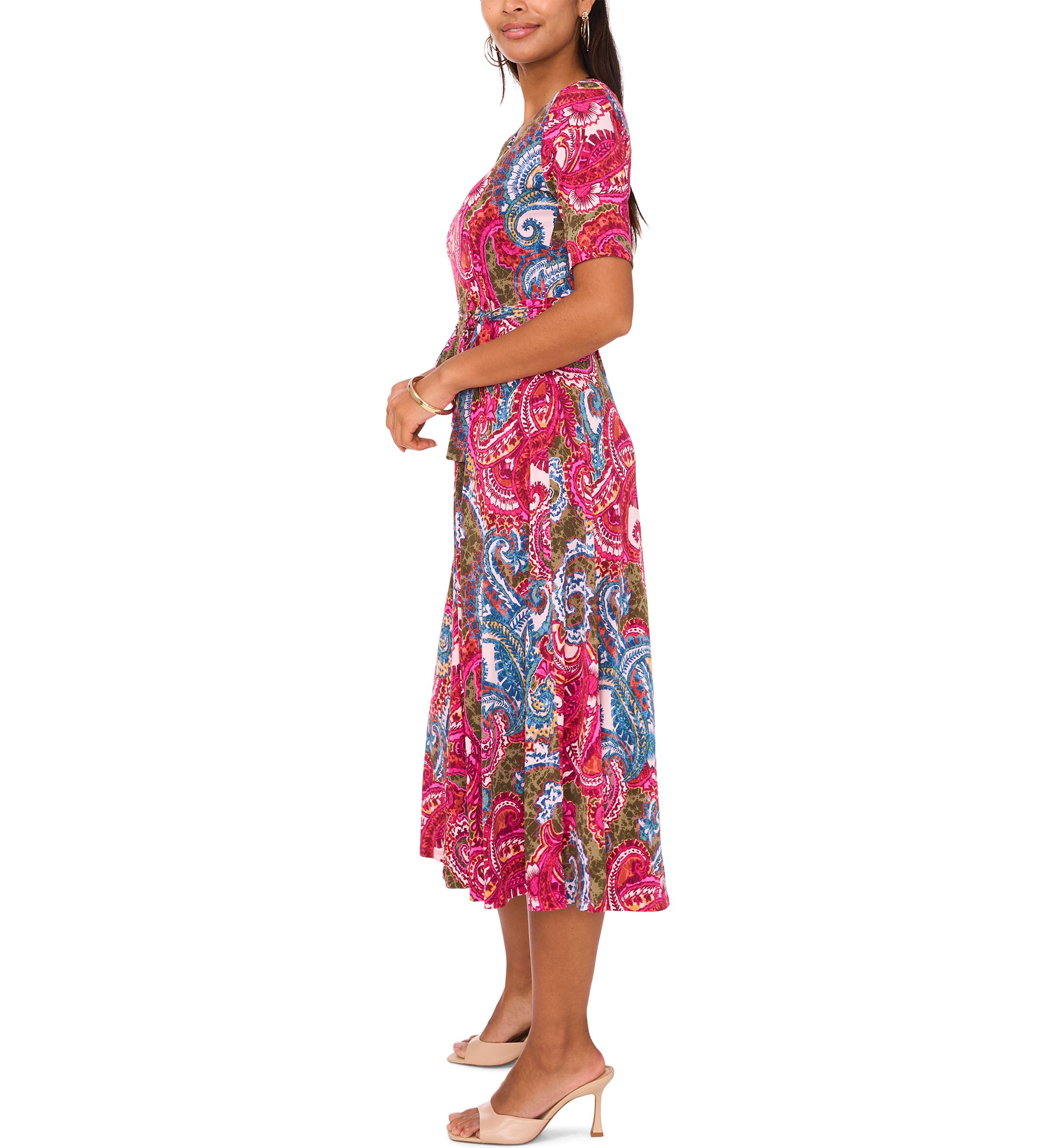 Womens Short Sleeve V-Neck Printed Faux Midi Wrap Dress
