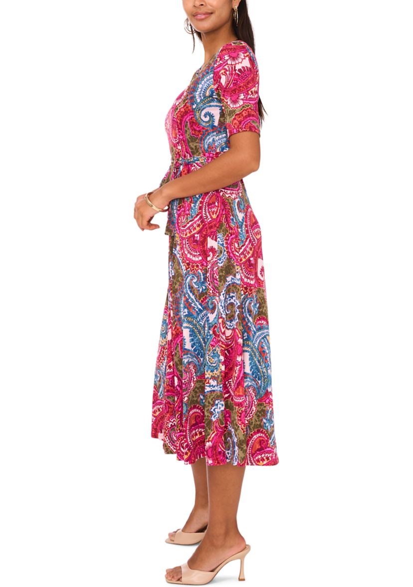 Womens Short Sleeve V-Neck Printed Faux Midi Wrap Dress