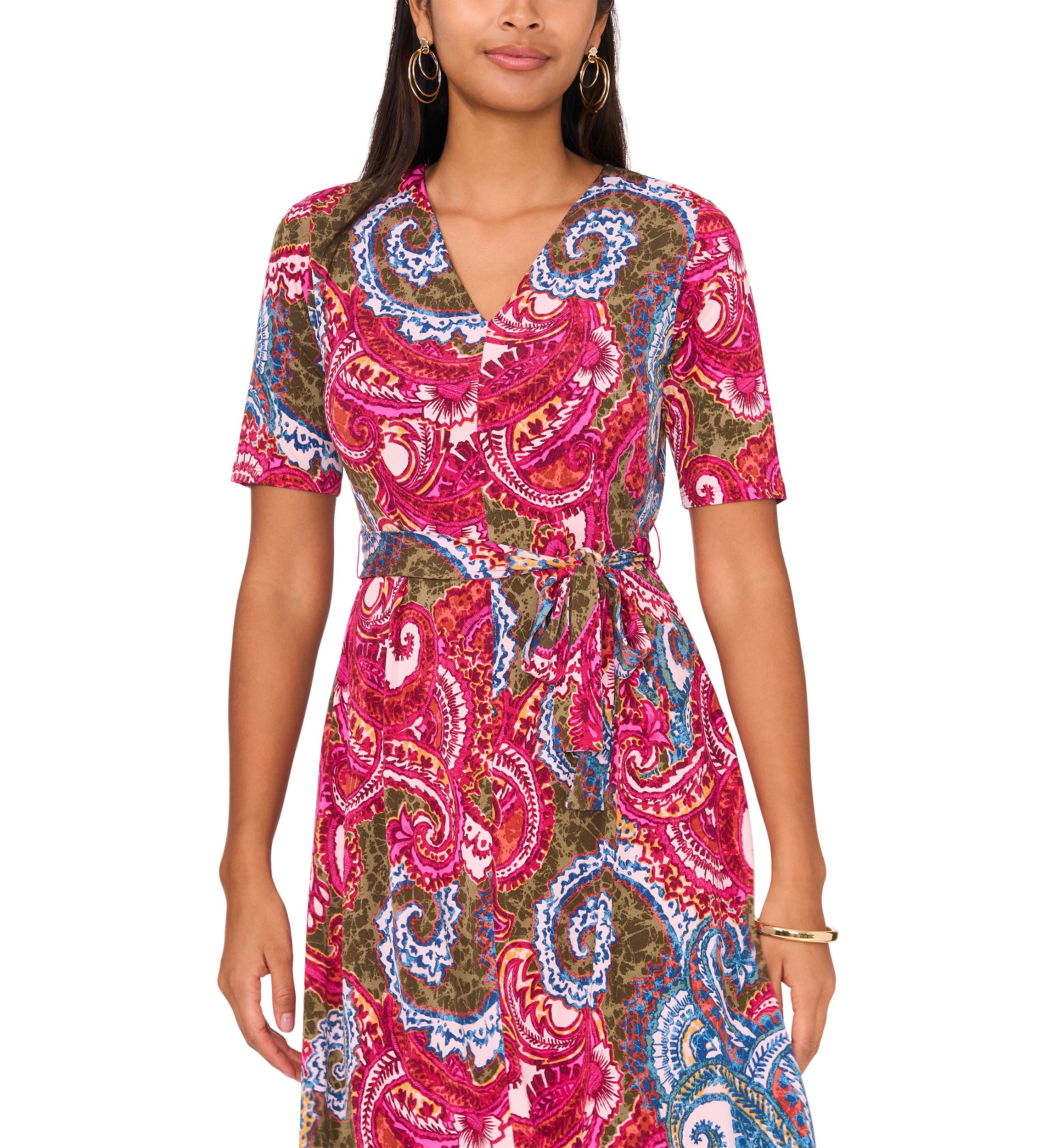 Womens Short Sleeve V-Neck Printed Faux Midi Wrap Dress