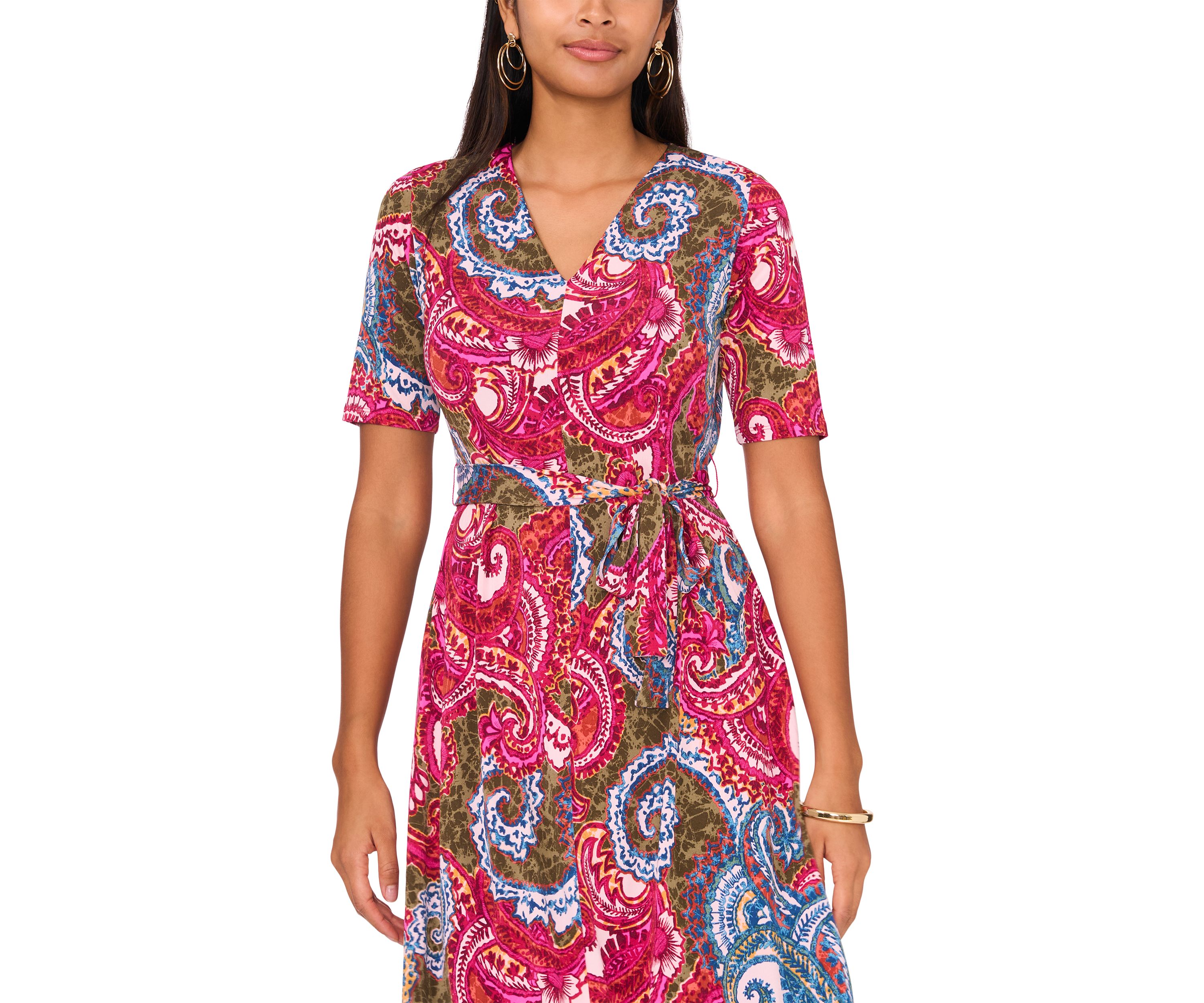 Womens Short Sleeve V-Neck Printed Faux Midi Wrap Dress