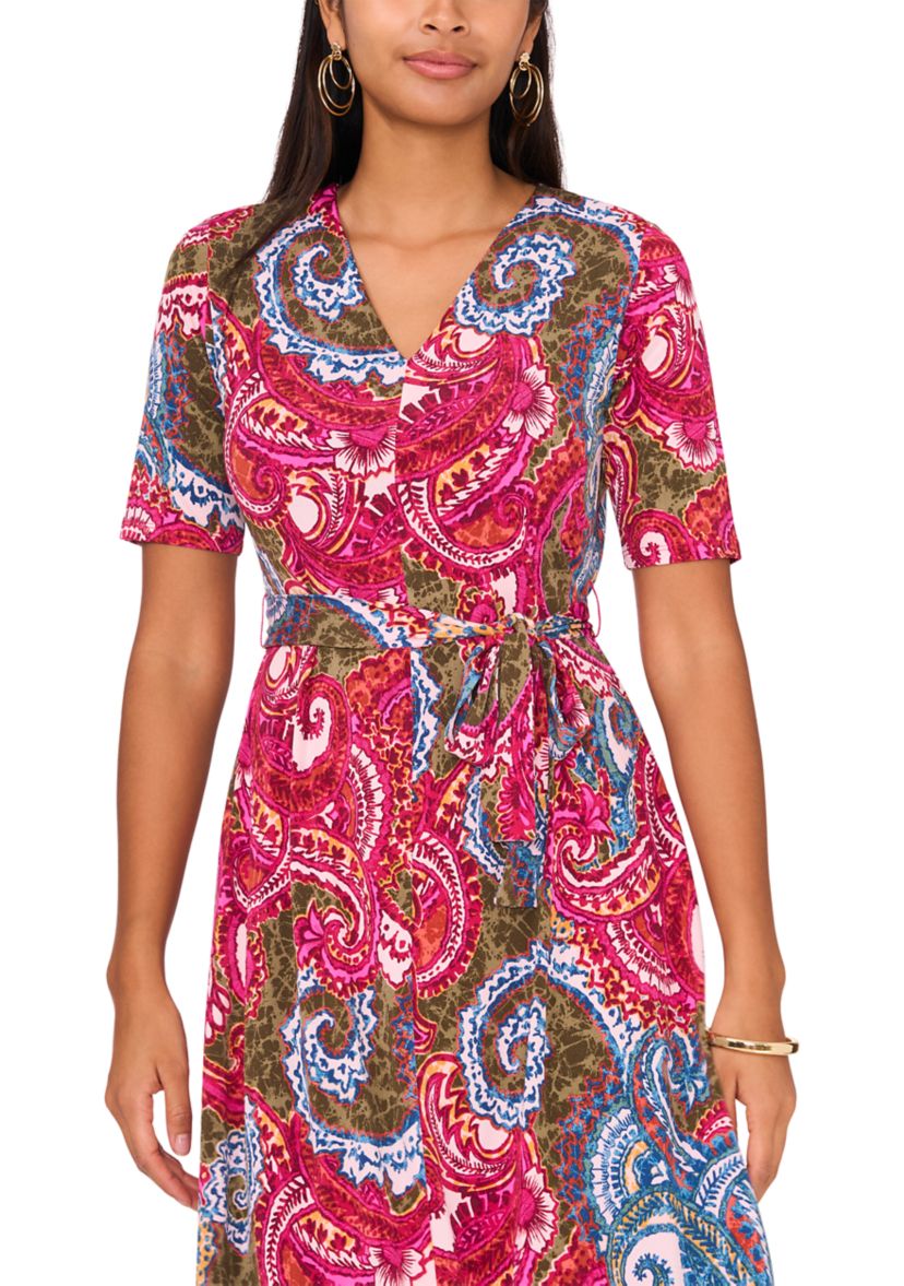 Womens Short Sleeve V-Neck Printed Faux Midi Wrap Dress