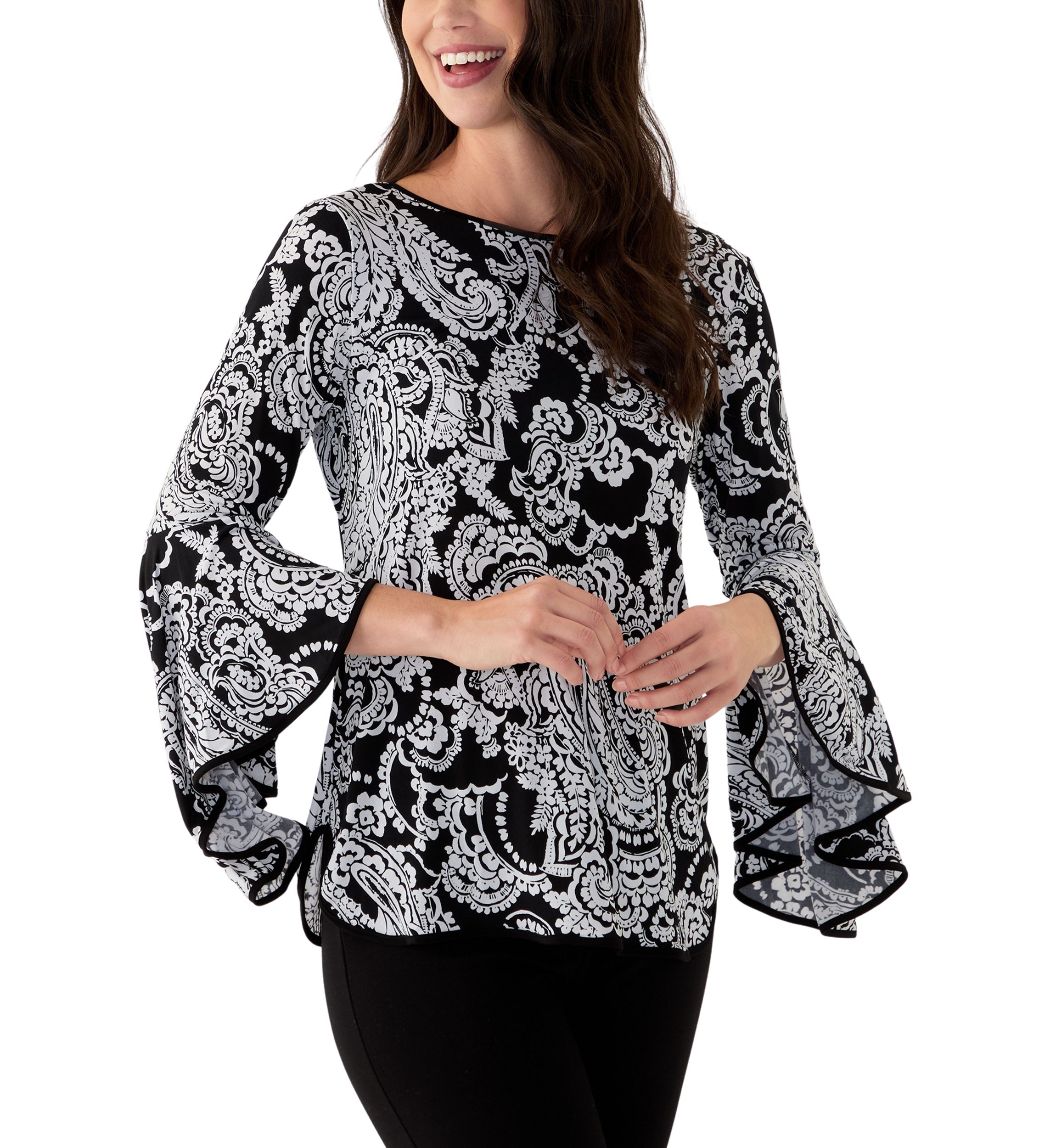 Womens Long Contrast Bell Sleeve Blouse 