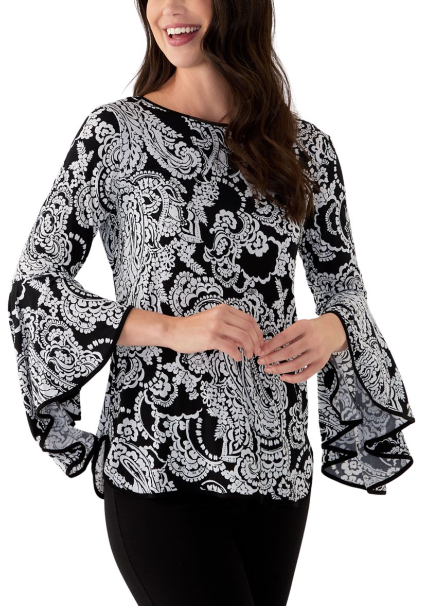 Womens Long Contrast Bell Sleeve Blouse 