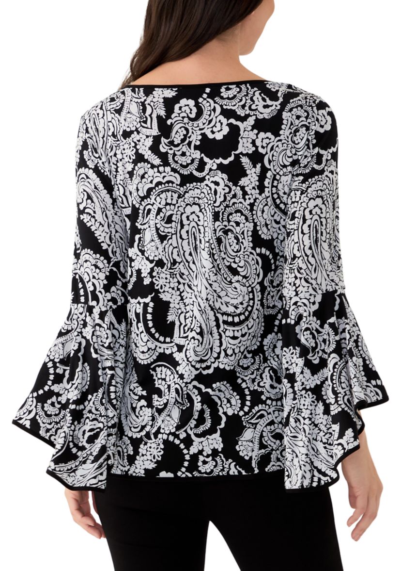 Womens Long Contrast Bell Sleeve Blouse 