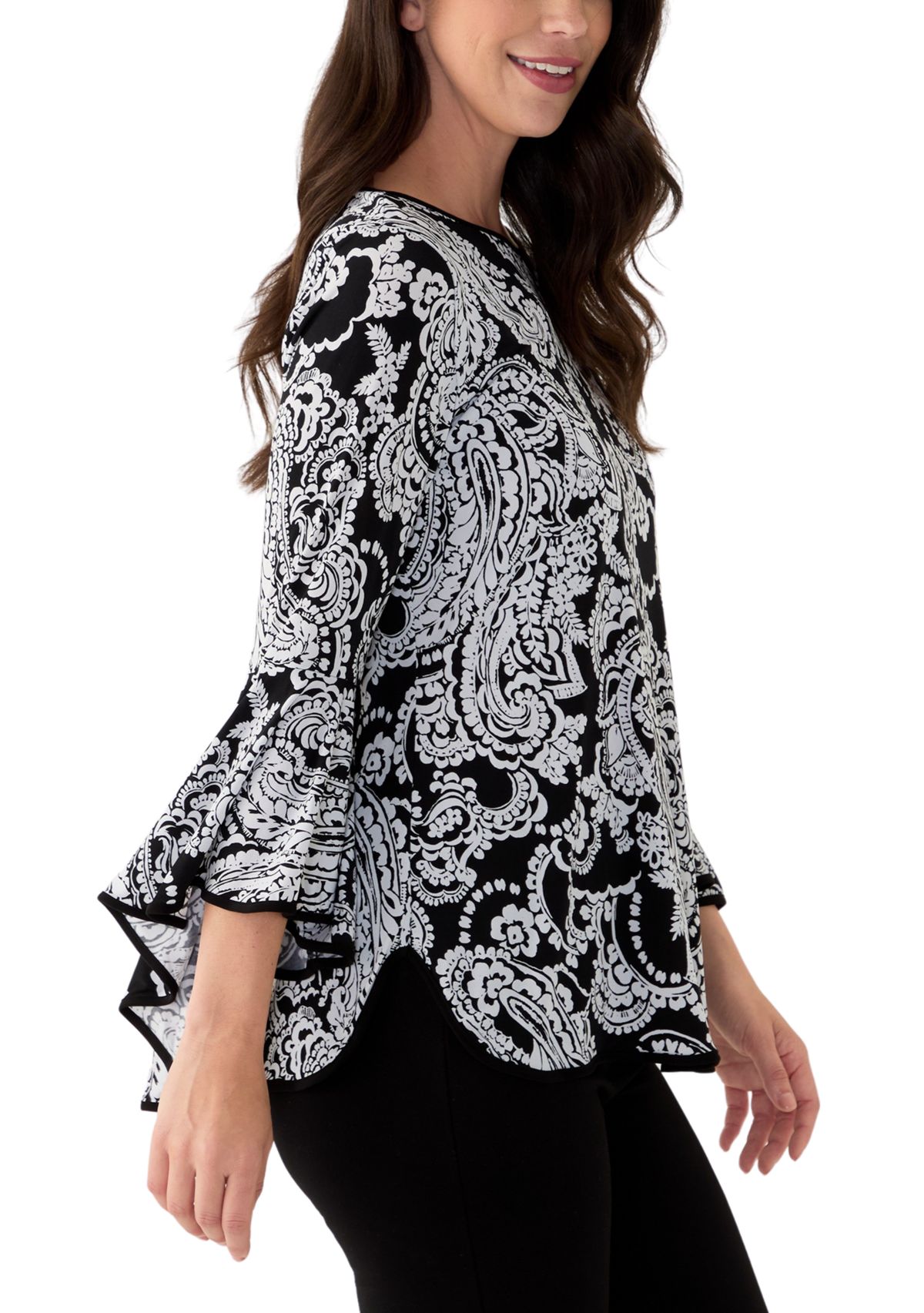 Womens Long Contrast Bell Sleeve Blouse 