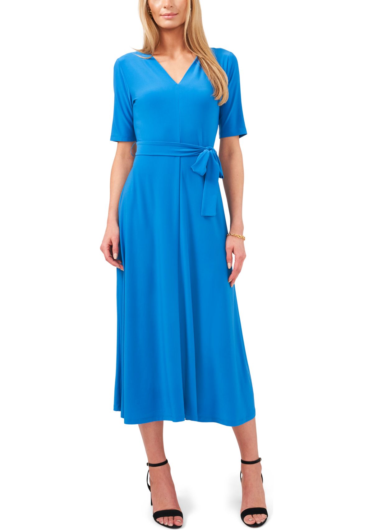 Womens Short Sleeve V-Neck Tie Front Midi Dress 