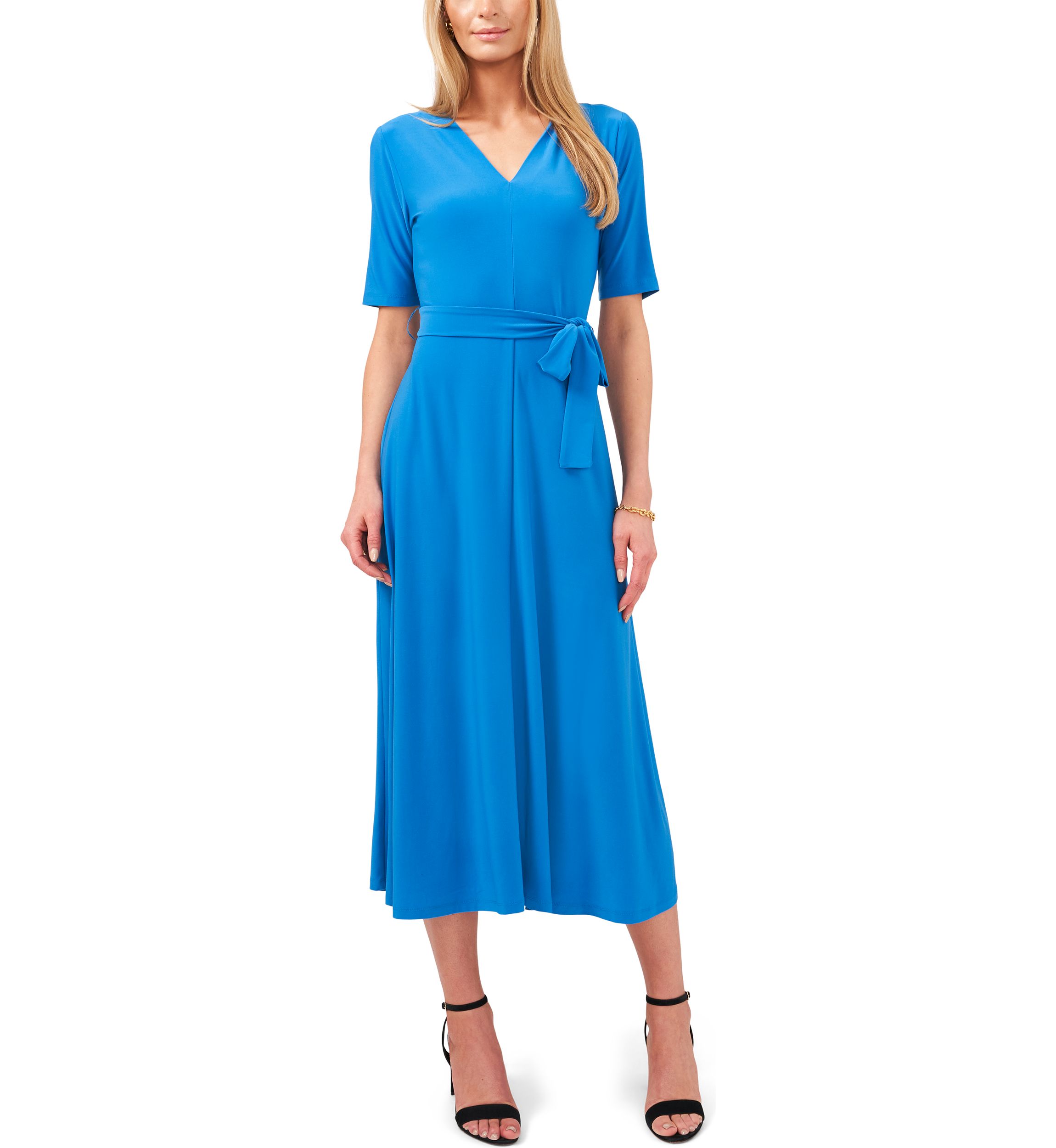 Womens Short Sleeve V-Neck Tie Front Midi Dress 