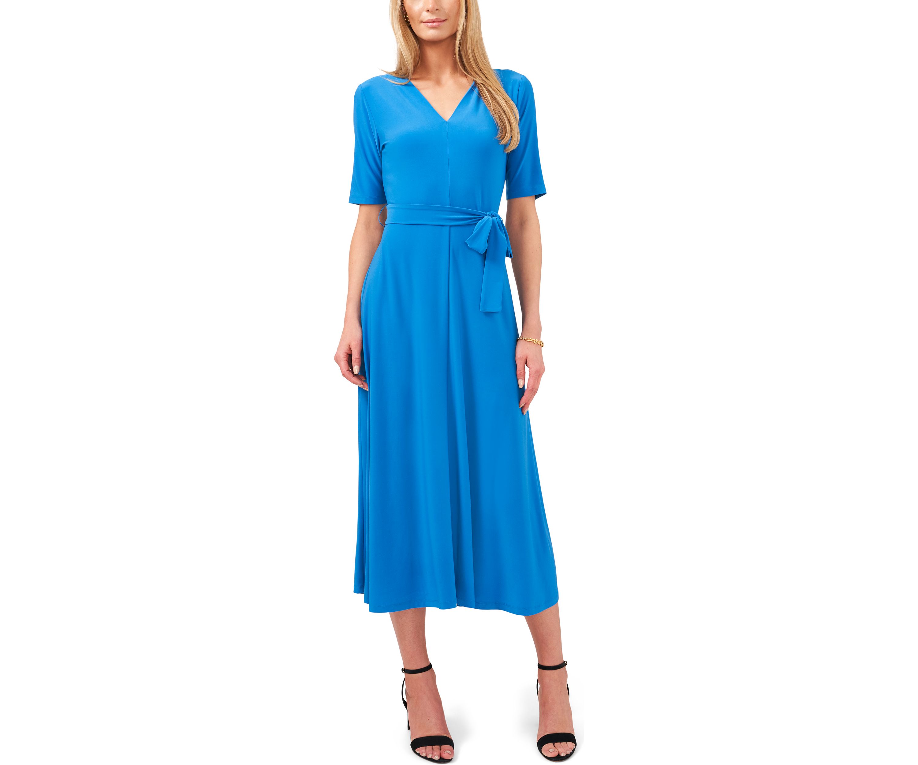 Womens Short Sleeve V-Neck Tie Front Midi Dress 