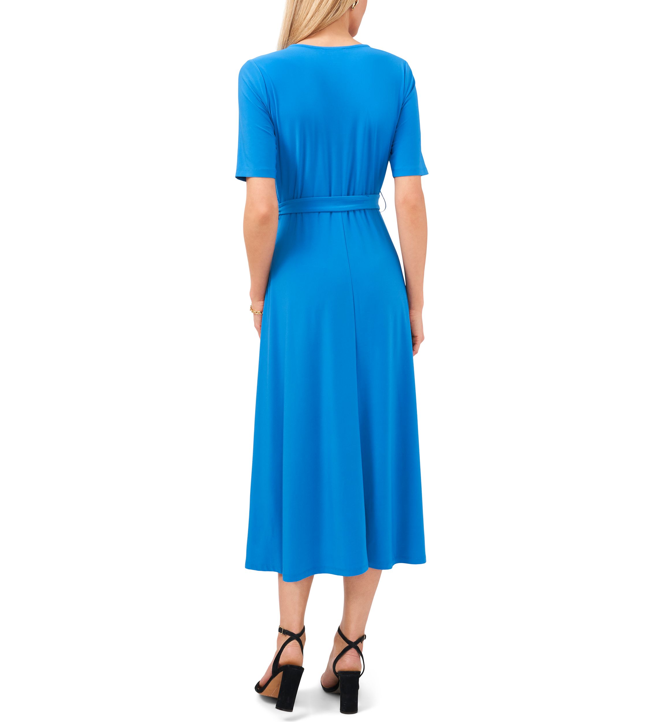 Womens Short Sleeve V-Neck Tie Front Midi Dress 