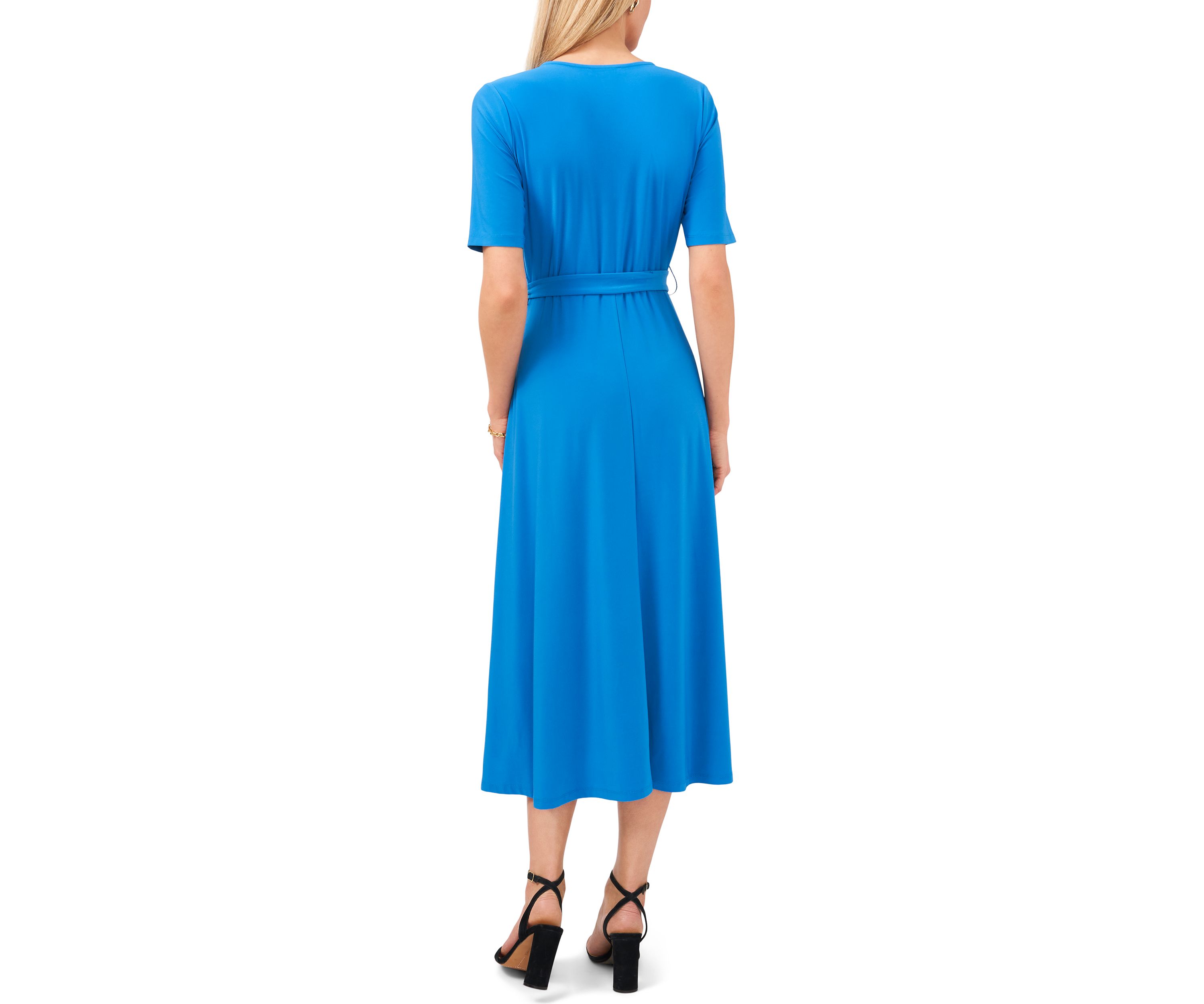Womens Short Sleeve V-Neck Tie Front Midi Dress 