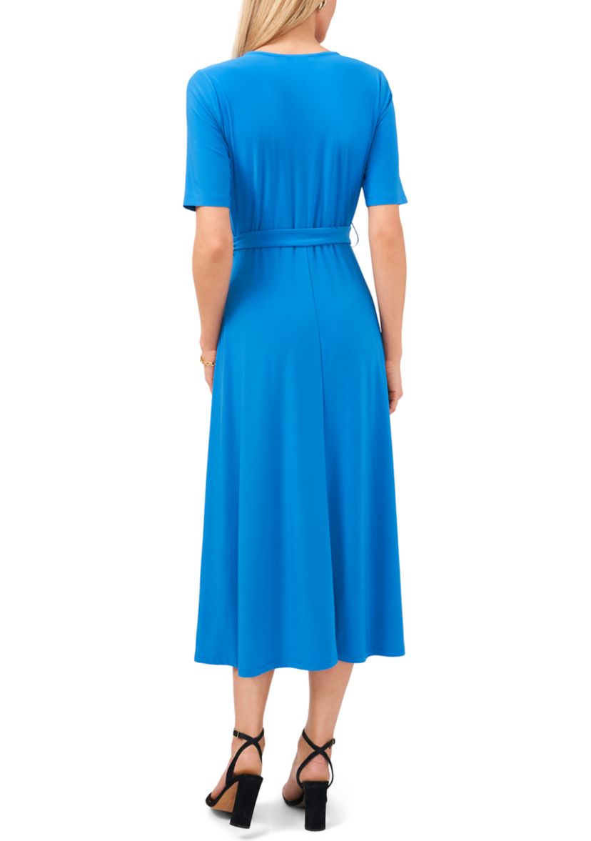 Womens Short Sleeve V-Neck Tie Front Midi Dress 