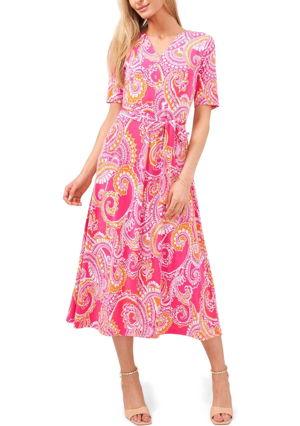 Womens Elbow Sleeve V-Neck Faux Wrap Midi Dress