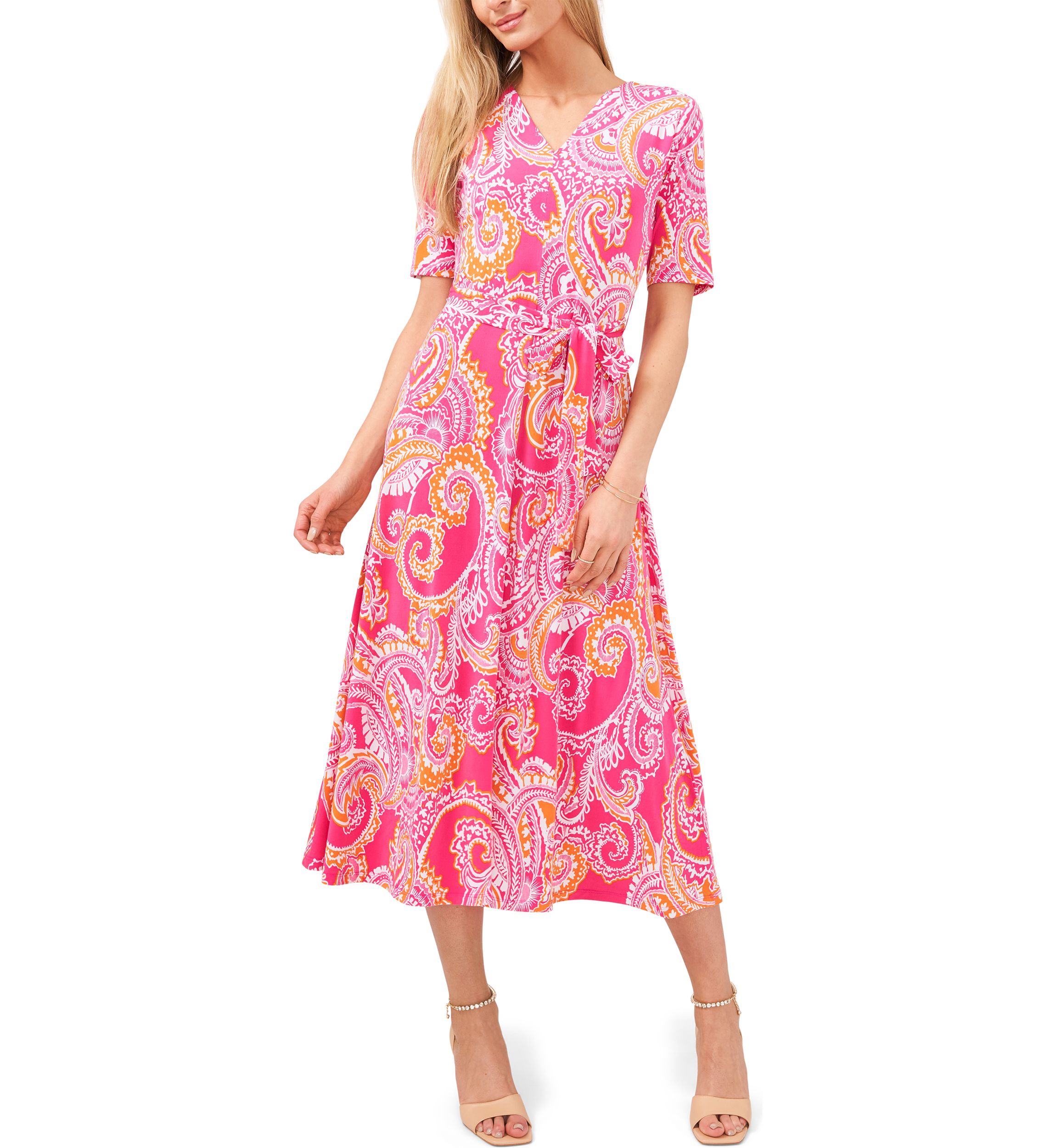 Womens Elbow Sleeve V-Neck Faux Wrap Midi Dress