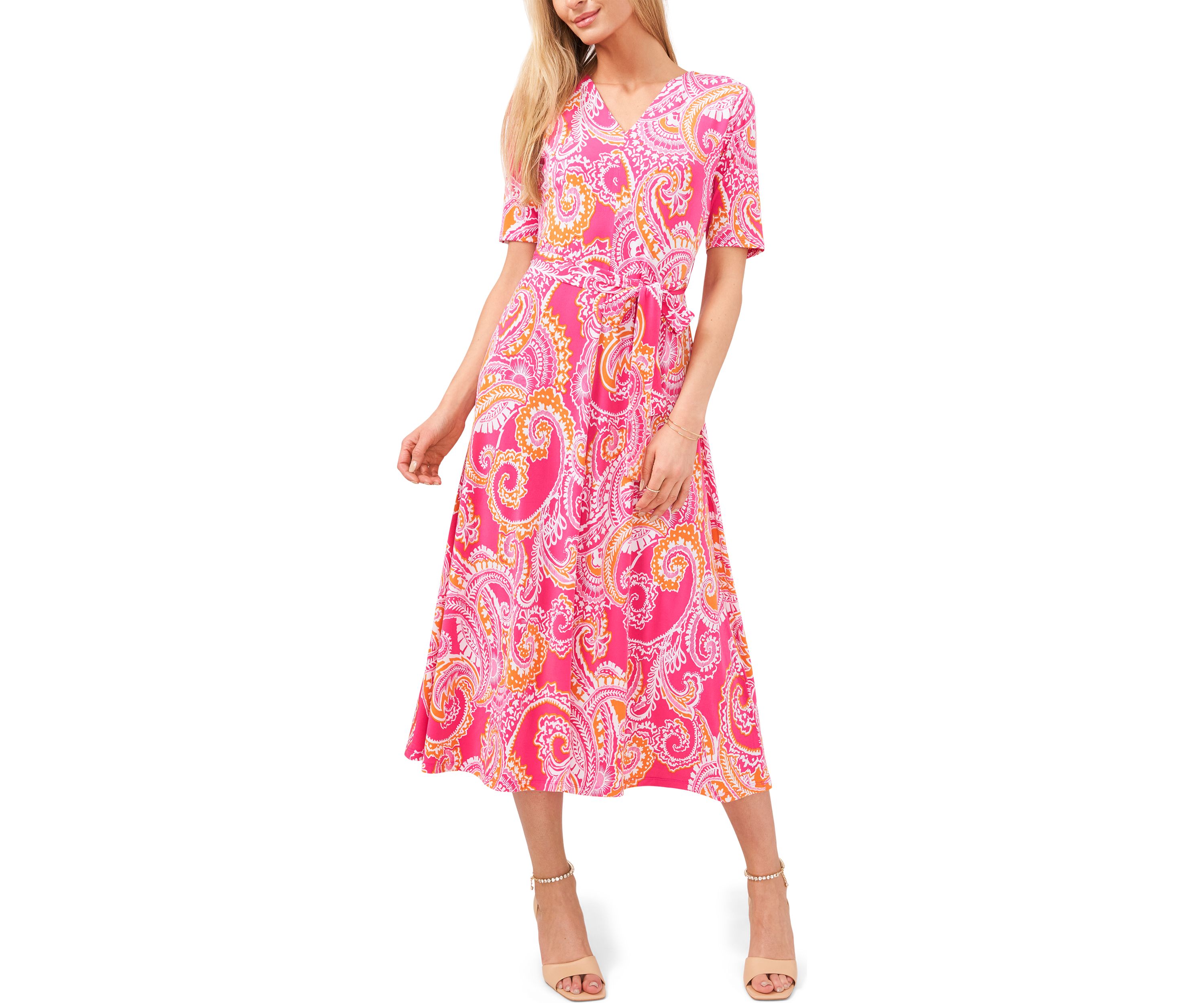 Womens Elbow Sleeve V-Neck Faux Wrap Midi Dress