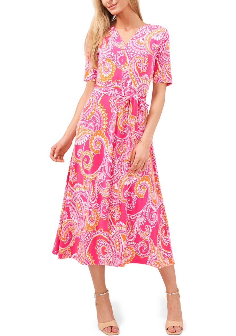 Womens Elbow Sleeve V-Neck Faux Wrap Midi Dress