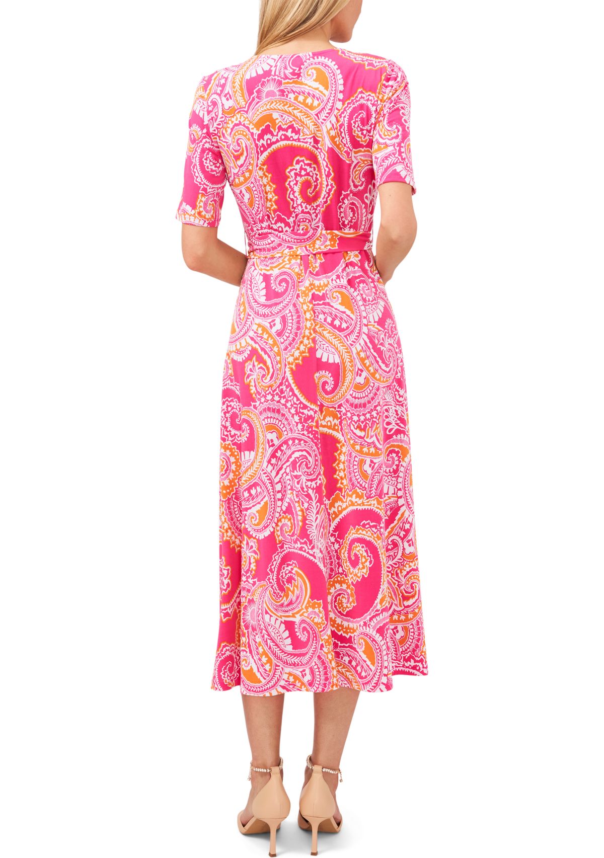Womens Elbow Sleeve V-Neck Faux Wrap Midi Dress