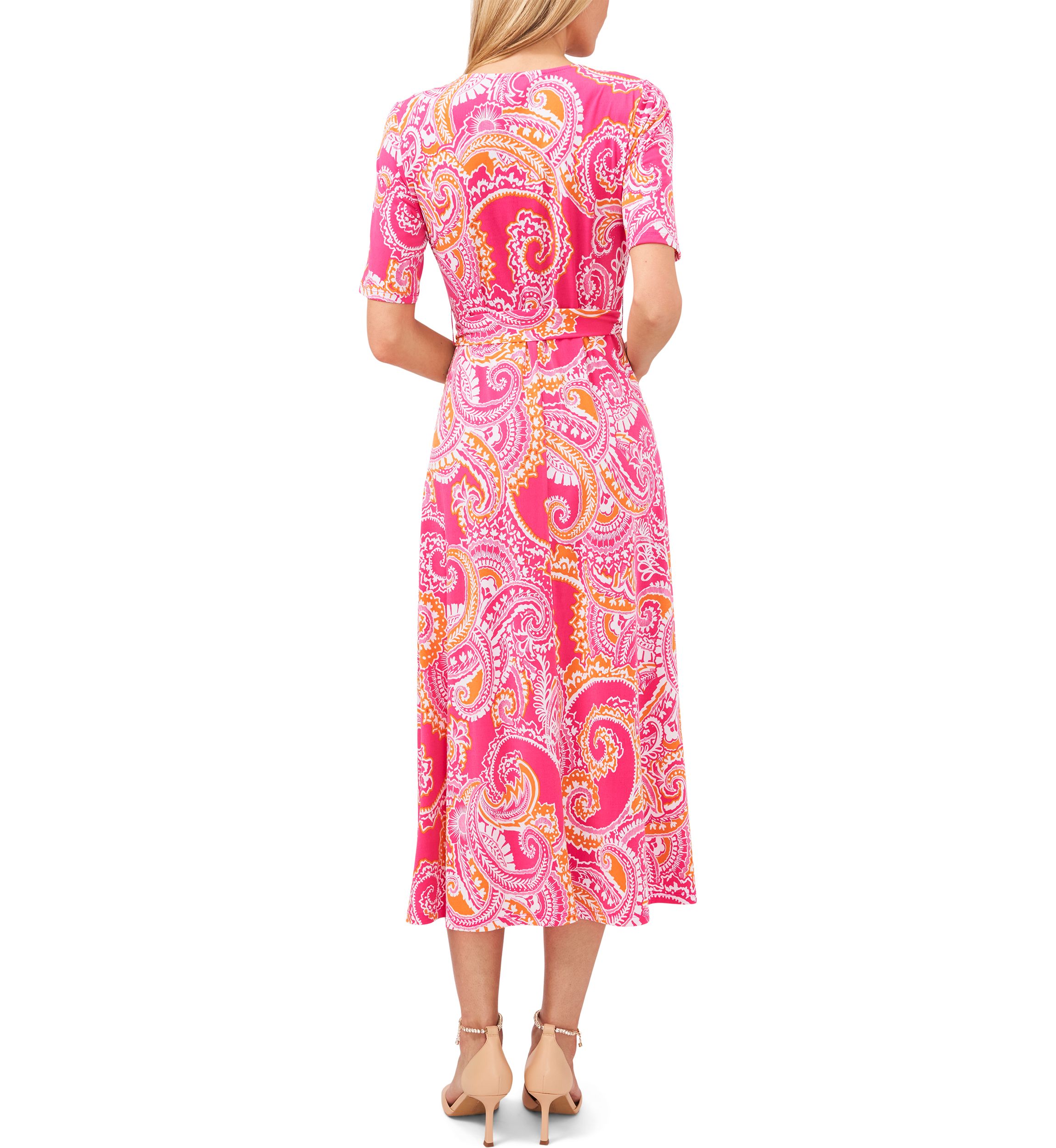 Womens Elbow Sleeve V-Neck Faux Wrap Midi Dress