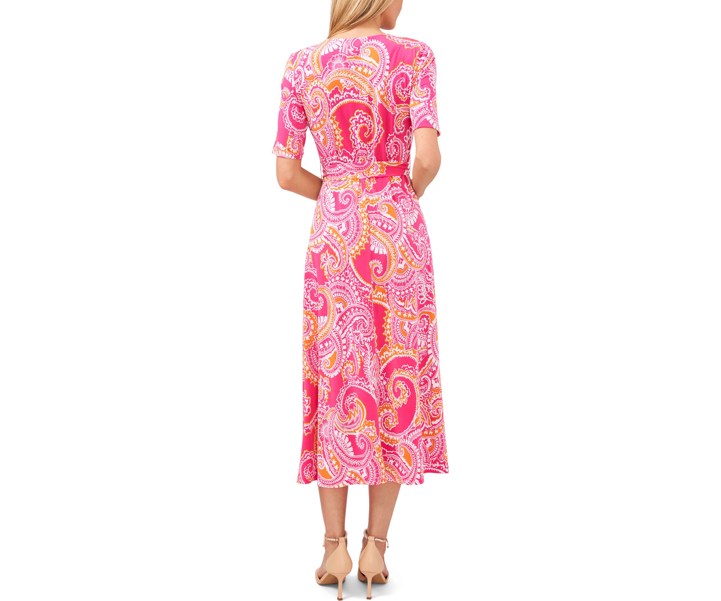 Womens Elbow Sleeve V-Neck Faux Wrap Midi Dress