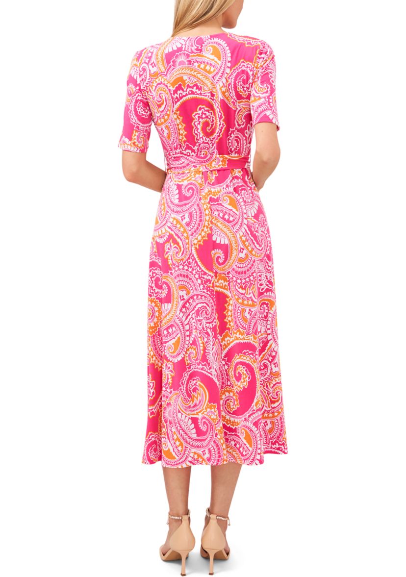 Womens Elbow Sleeve V-Neck Faux Wrap Midi Dress