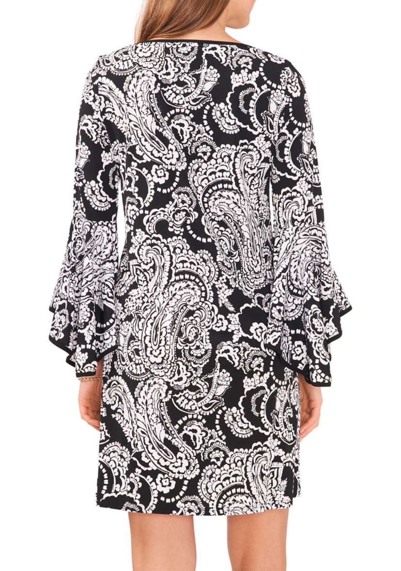 Womens 3/4 Printed Bell Sleeve Mini Dress 